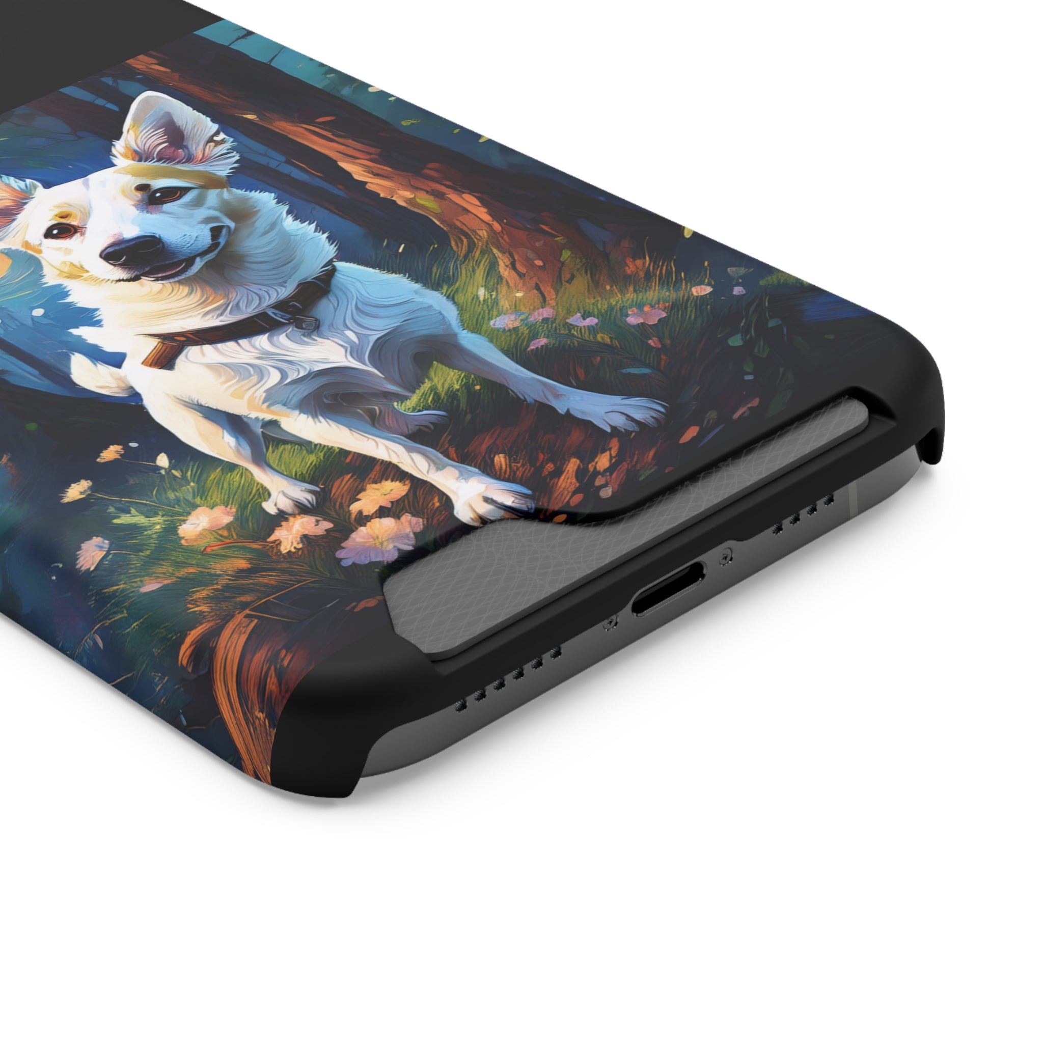White/Tan Dog Forest Walk Phone Case with Card Holder
