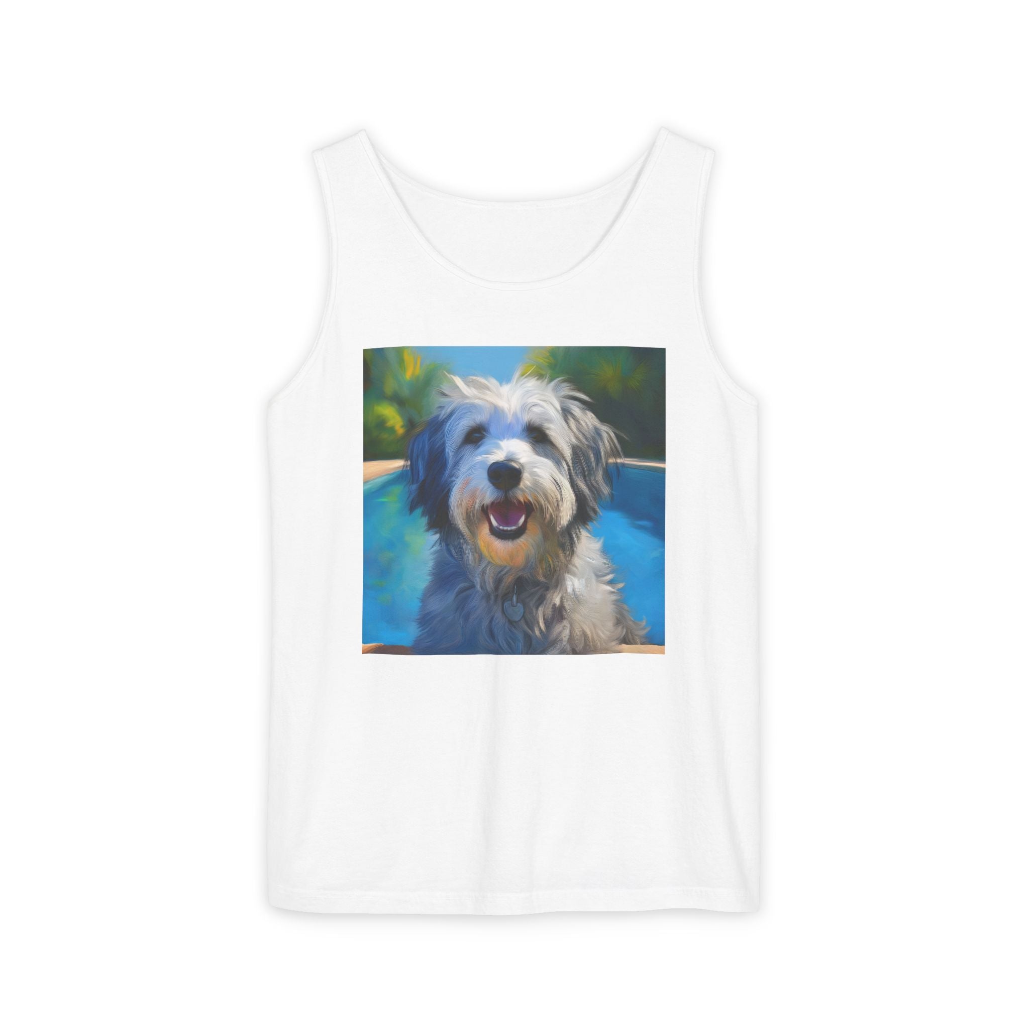 Grey Shaggy Dog Poolside Unisex Tank Top