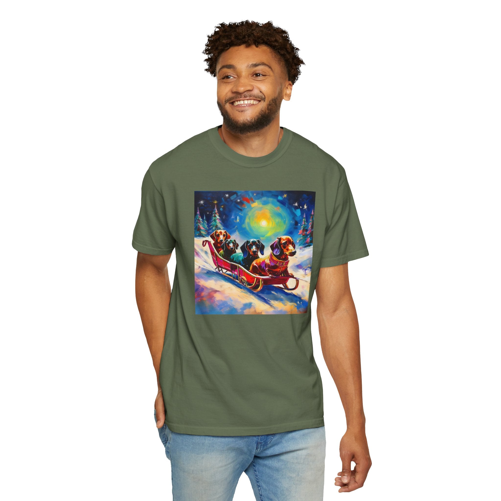 Dachshund Night Sleighride Unisex Garment-Dyed T-shirt