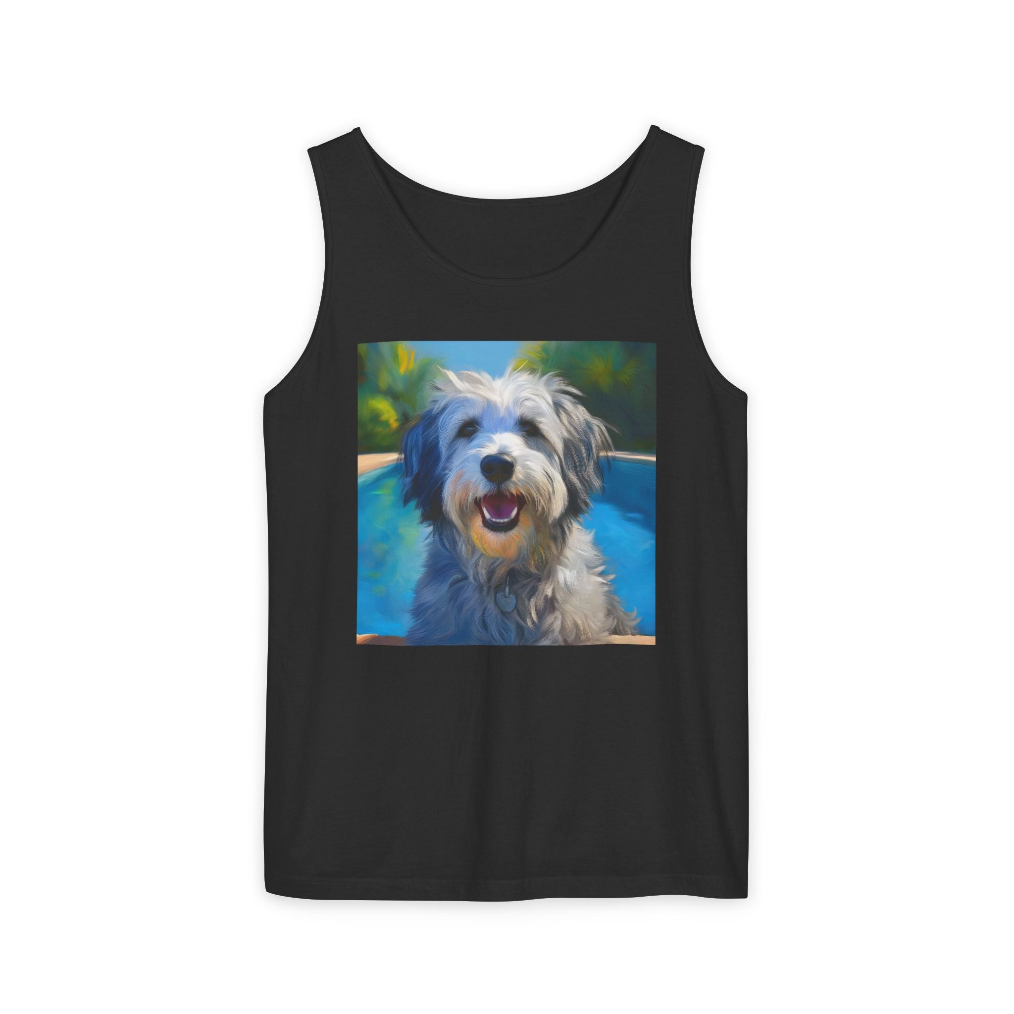 Grey Shaggy Dog Poolside Unisex Tank Top