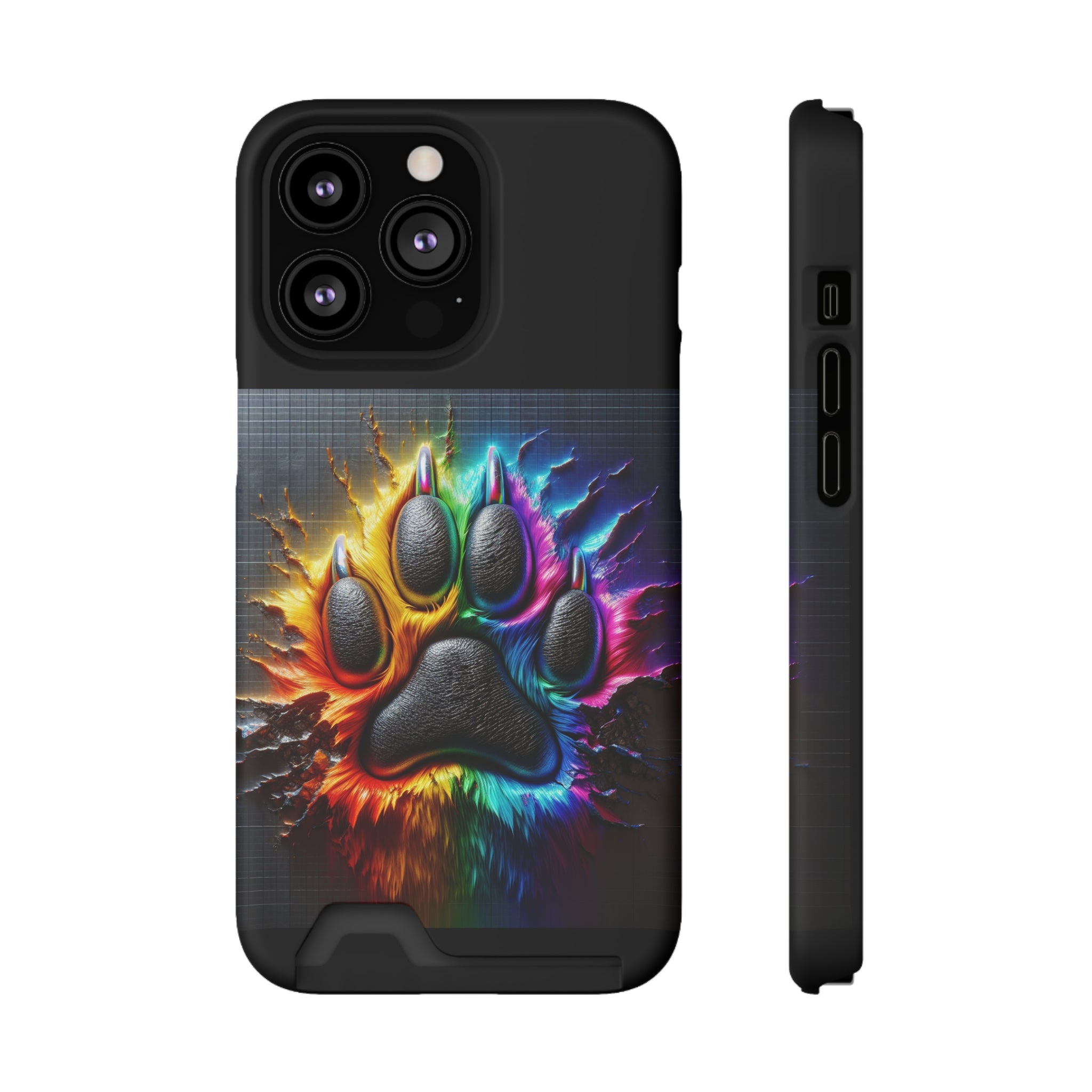 Electric Rainbow Dog Paw Phone Case with Card Holder
