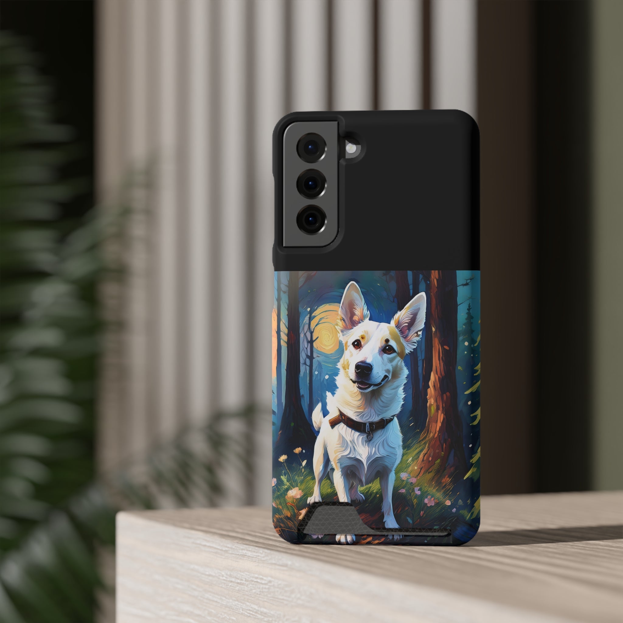 White/Tan Dog Forest Walk Phone Case with Card Holder
