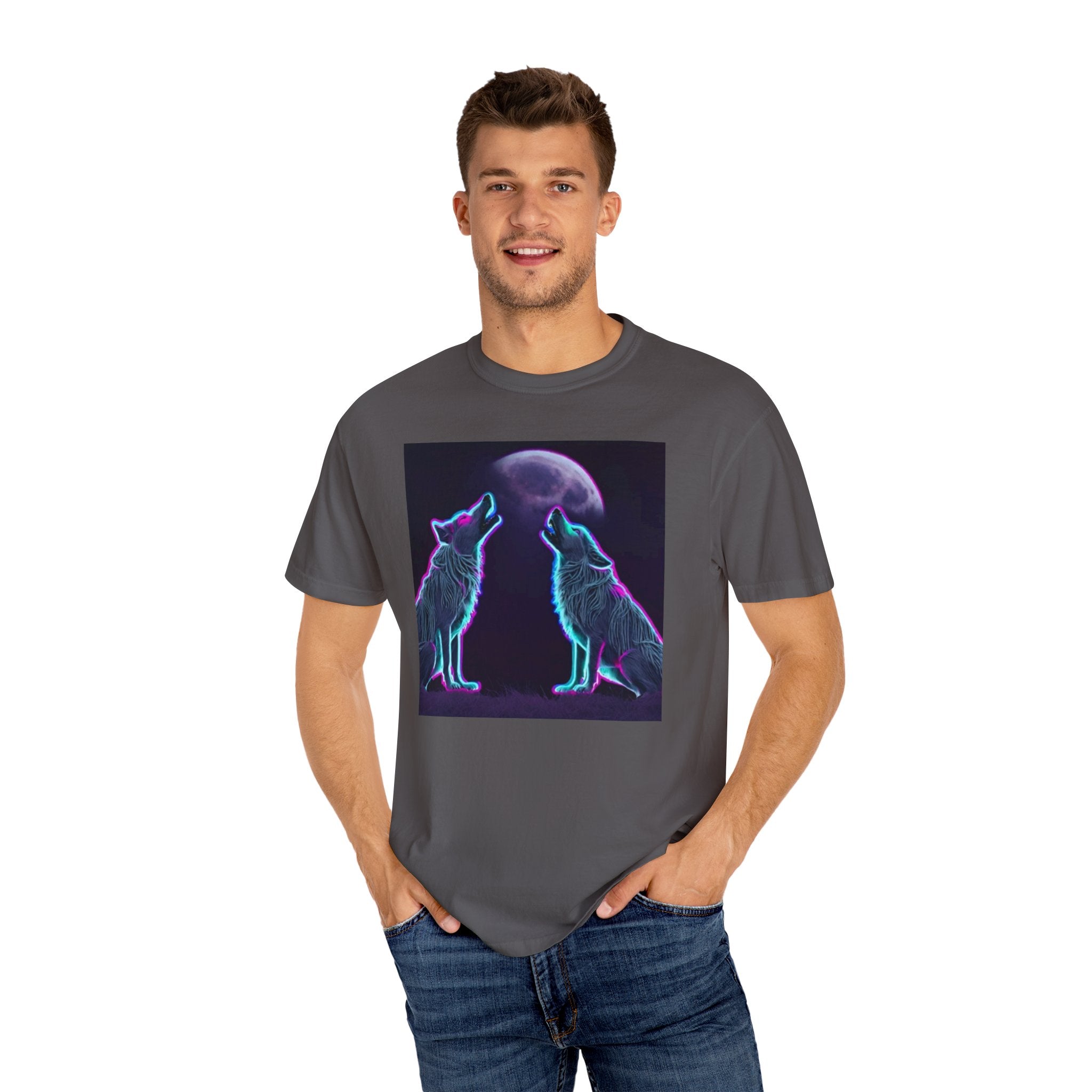 Neon Wolves Howling Unisex Garment-Dyed T-shirt