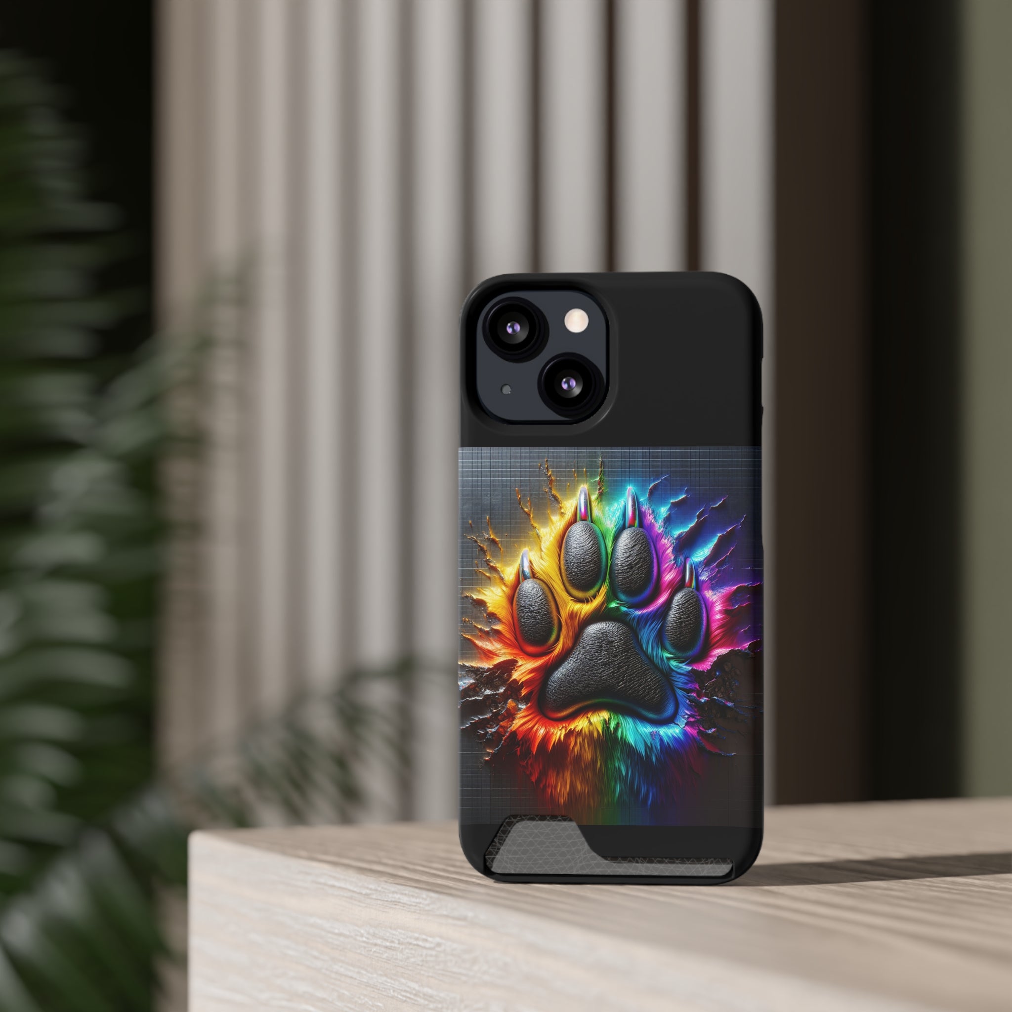 Electric Rainbow Dog Paw Phone Case with Card Holder
