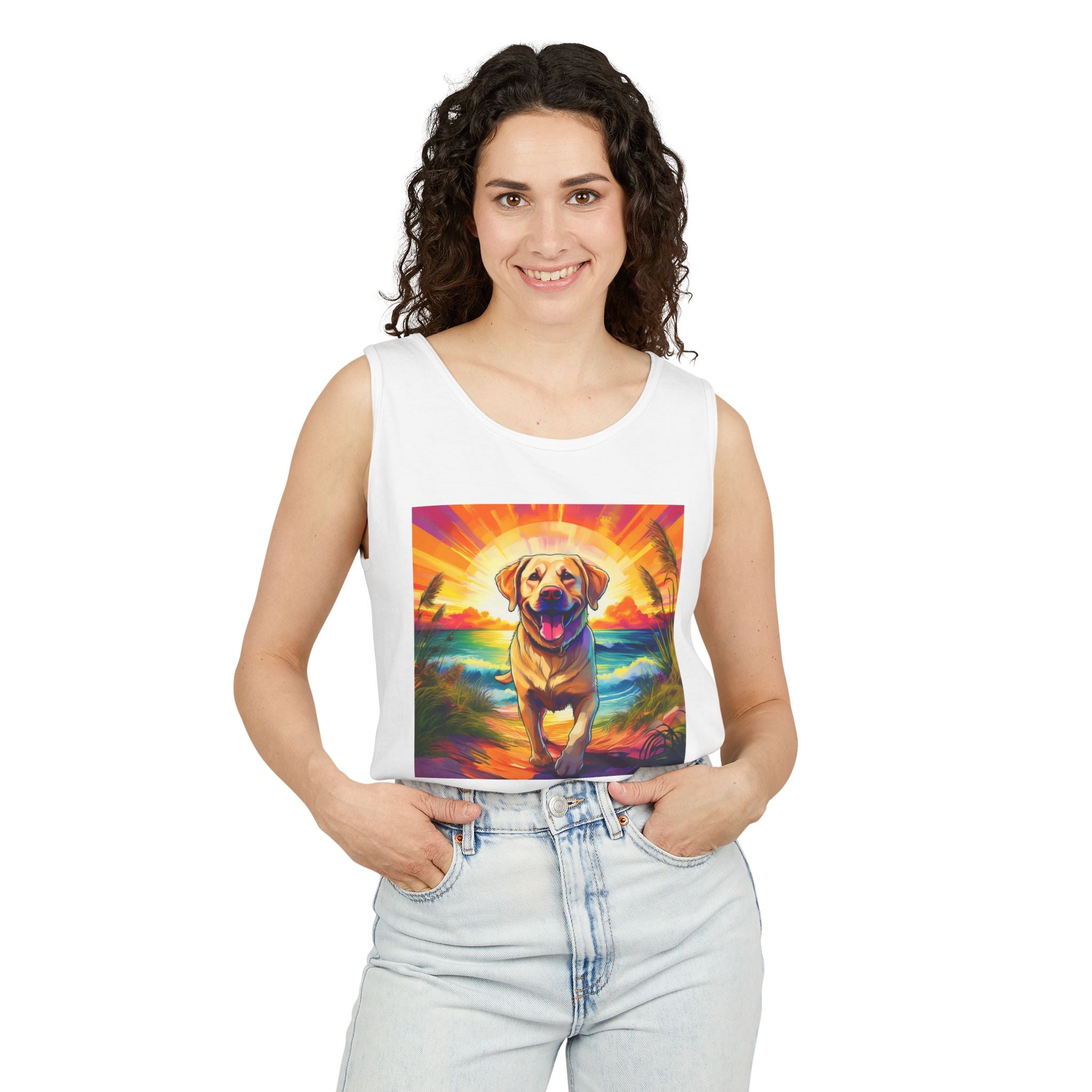 Yellow Lab Sunset Beach Unisex Tank Top