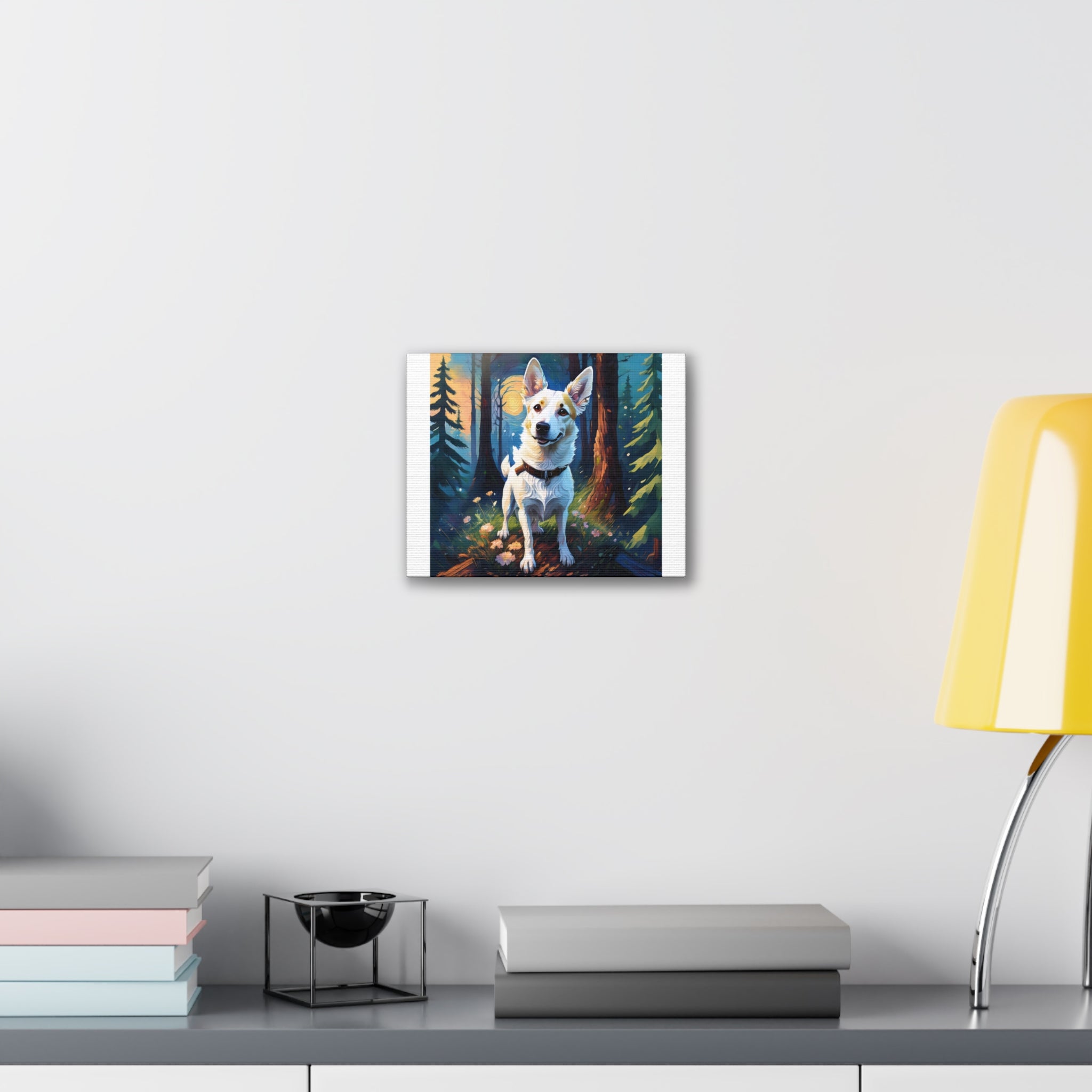 White/Tan Dog Forest Walk Cavas Painting