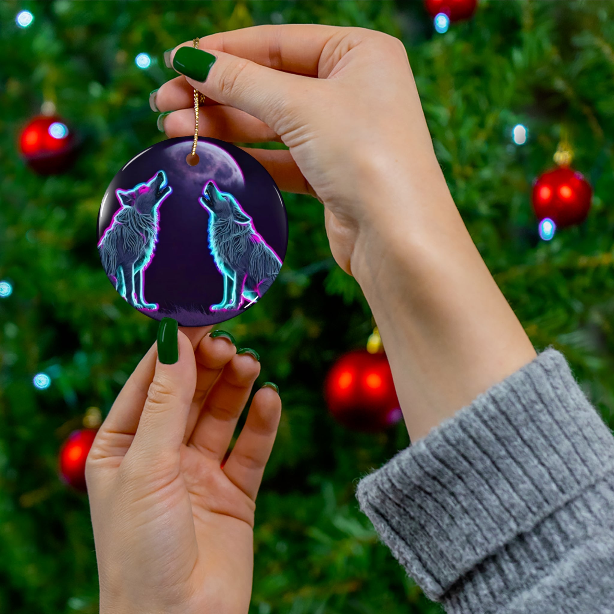 Neon Wolves Howling Ceramic Ornament