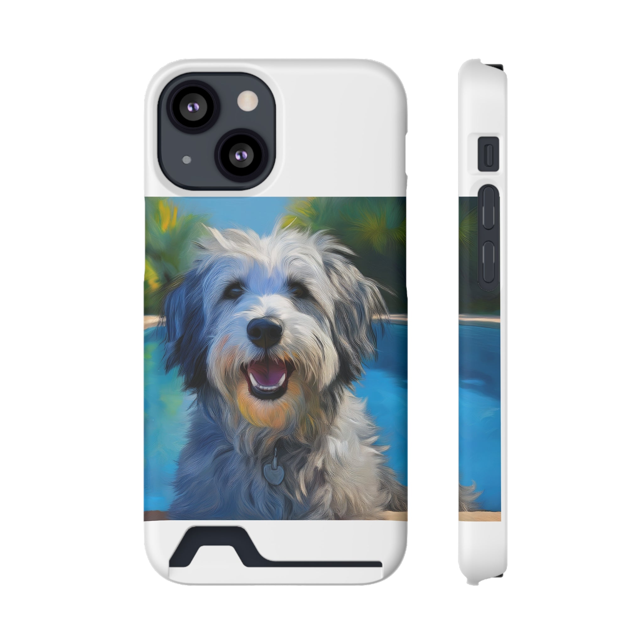 Grey Shaggy Dog Poolside Phone Case with Card Holder