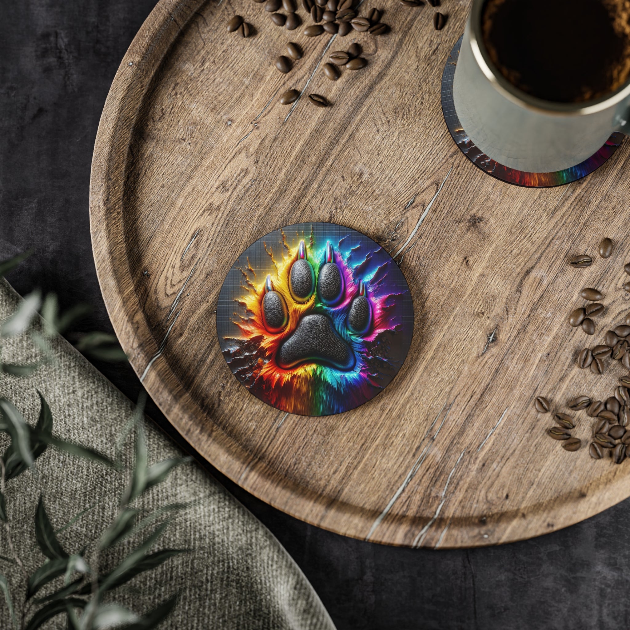 Electric Rainbow Dog Paw Coasters
