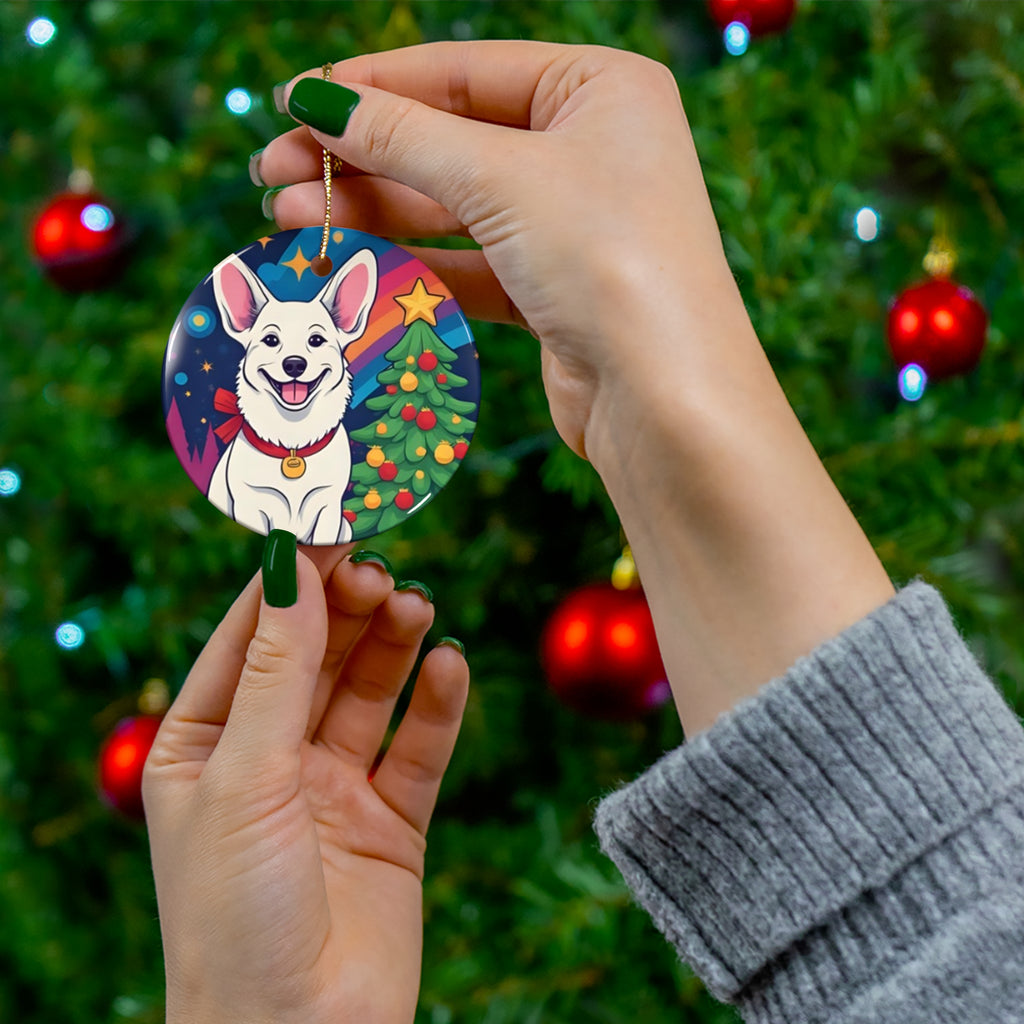 White Corgi Holiday Ceramic Ornament