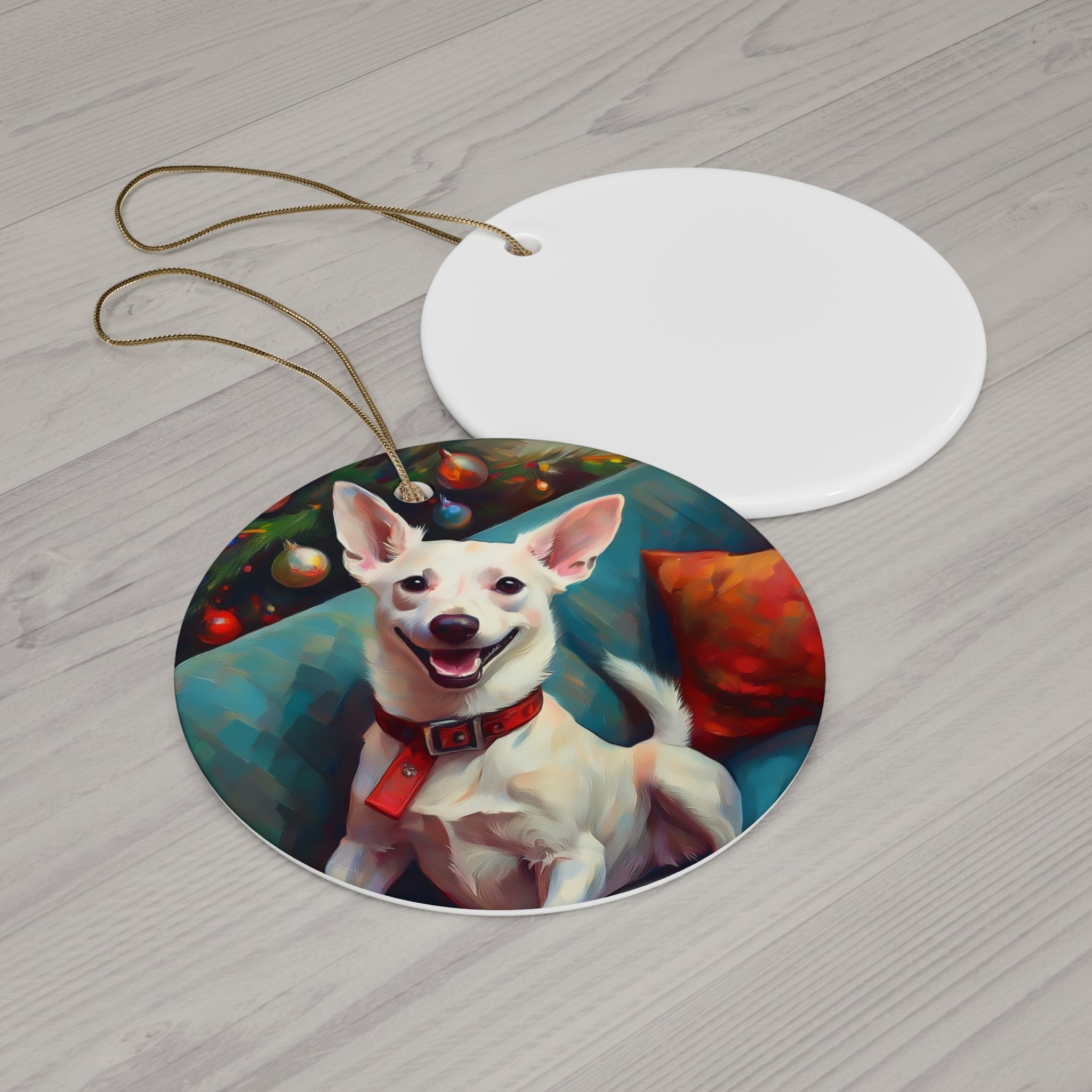 White Corgi Holiday II Ceramic Ornament