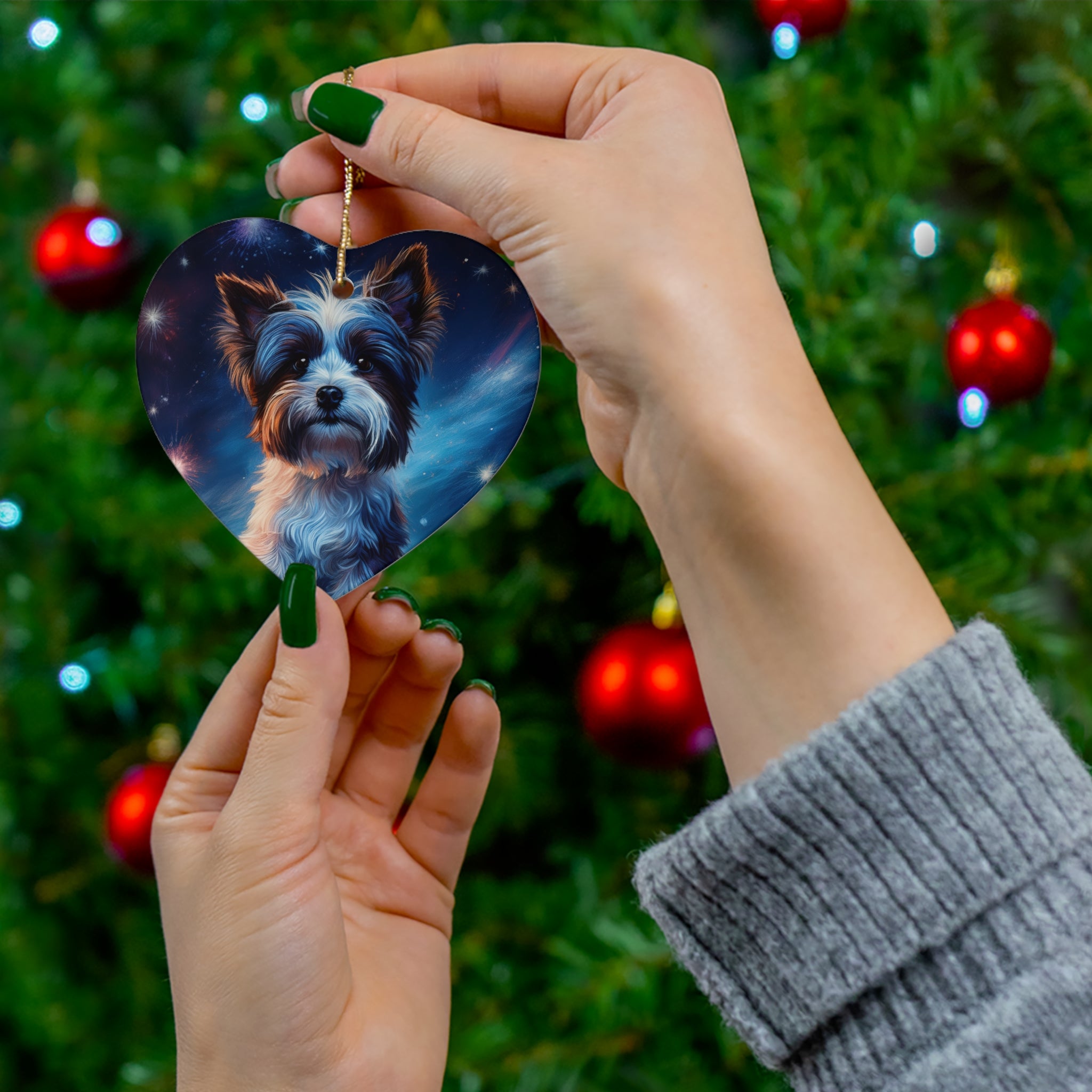 Biewer Terrier Stary Night Ceramic Ornament