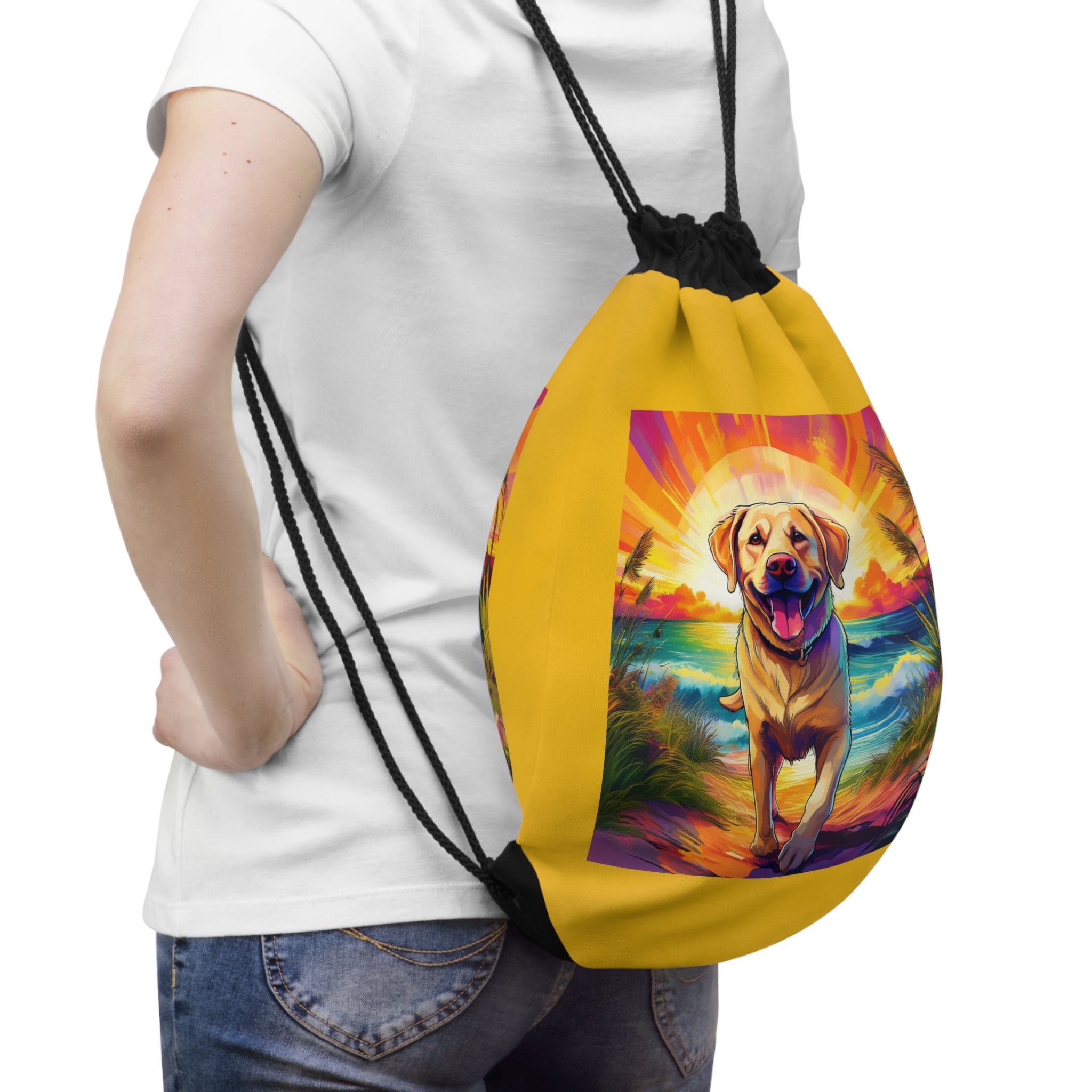 Yellow Lab Sunset Beach Drawstring Bag