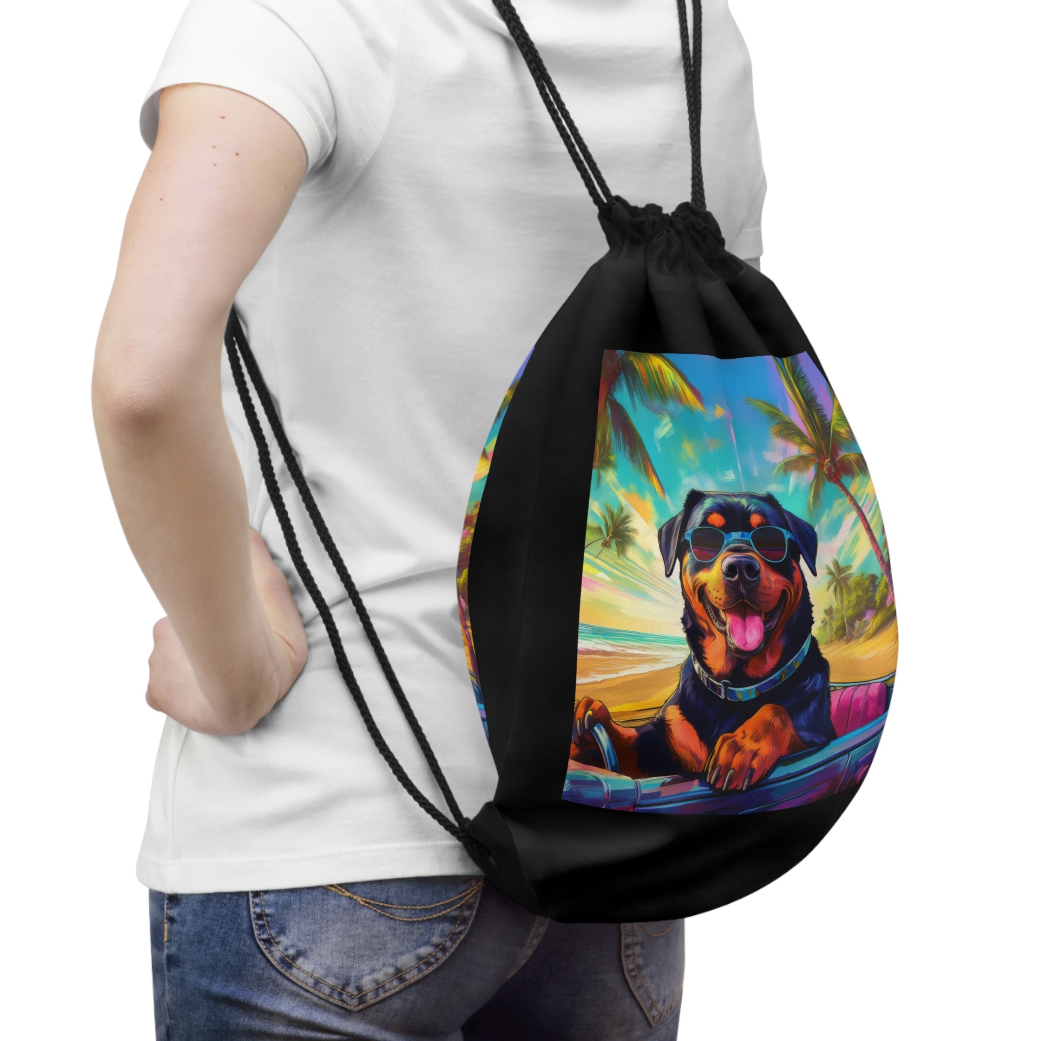 Rottweiler Beach Drive Drawstring Bag
