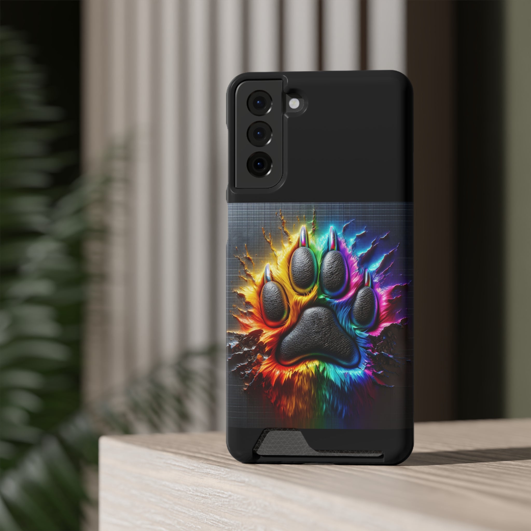 Electric Rainbow Dog Paw Phone Case with Card Holder