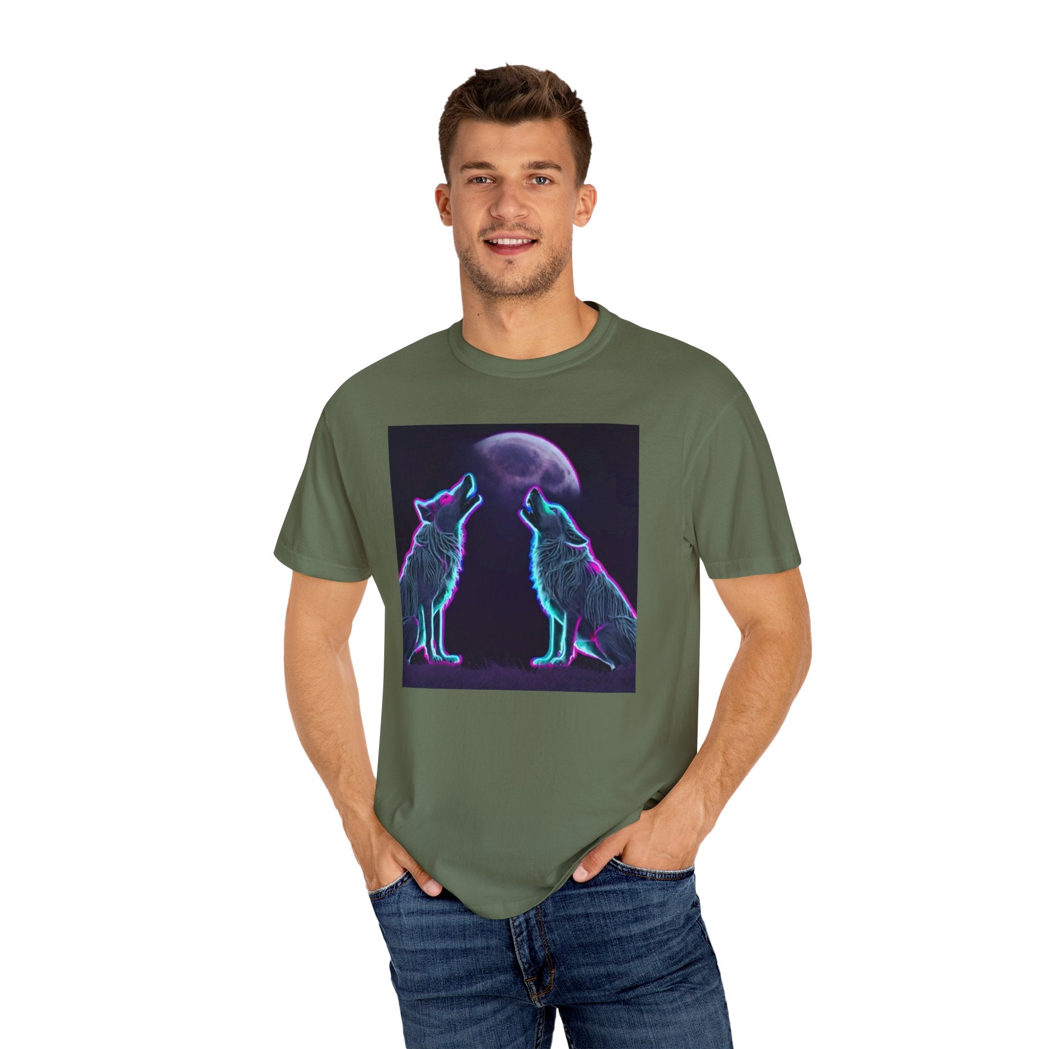 Neon Wolves Howling Unisex Garment-Dyed T-shirt