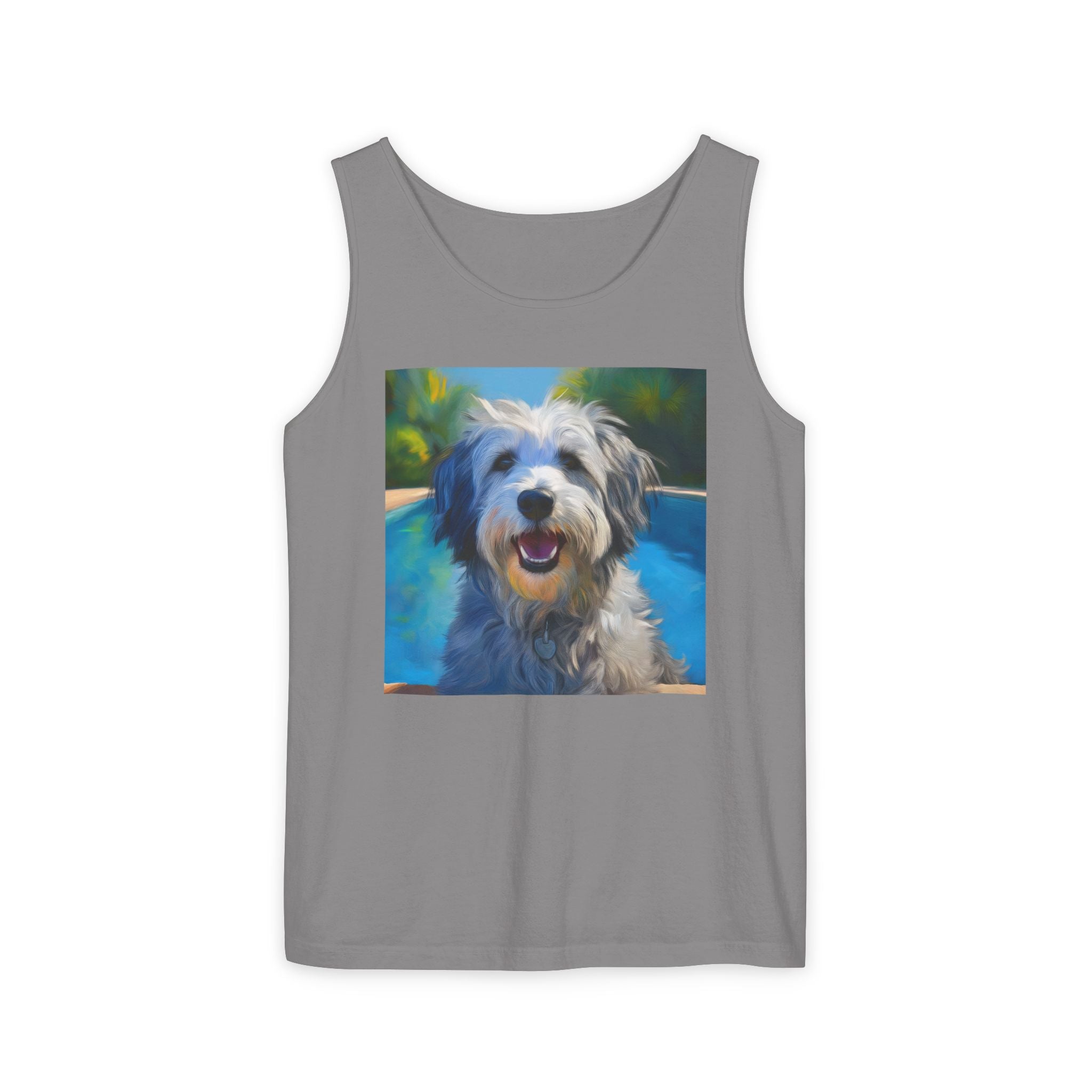 Grey Shaggy Dog Poolside Unisex Tank Top