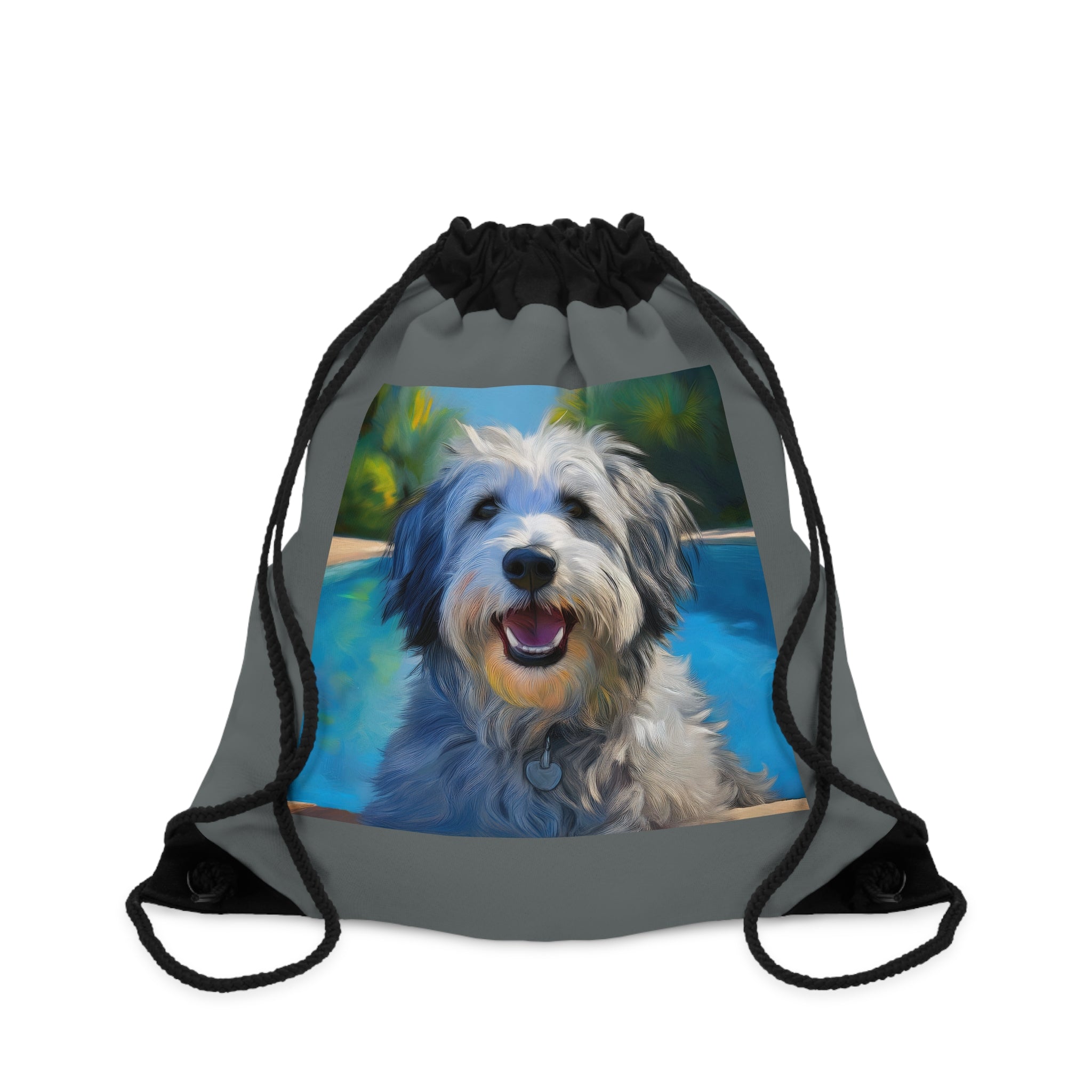 Grey Shaggy Dog Poolside Drawstring Bag