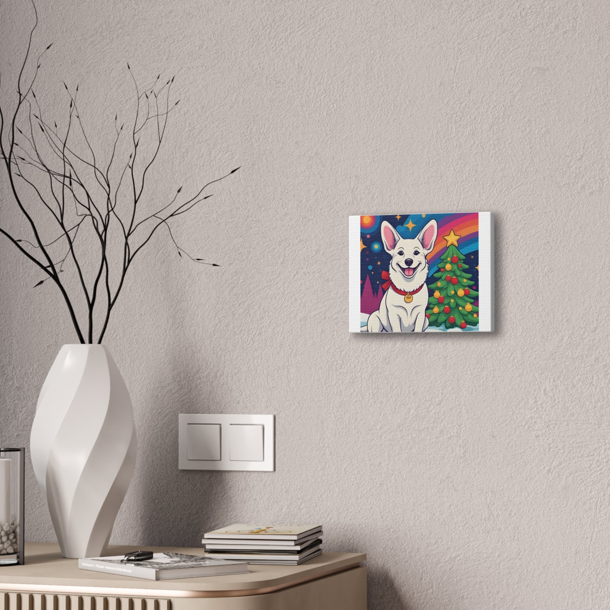 White Corgi Holiday Canvas Stretched, 0.75"