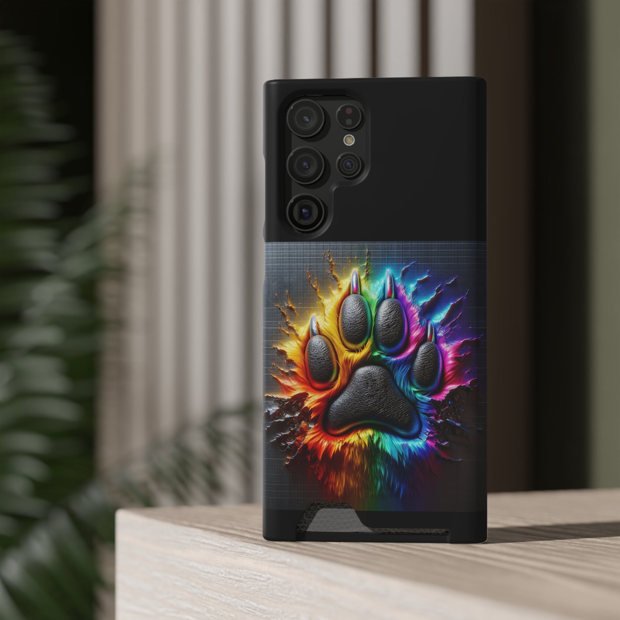 Electric Rainbow Dog Paw Phone Case with Card Holder