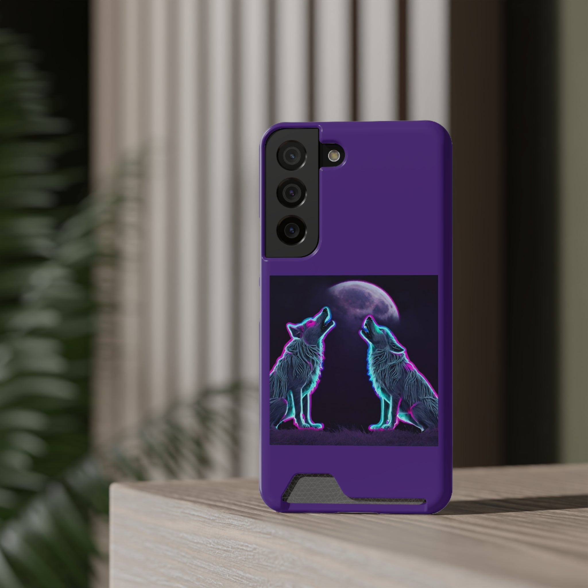Neon Wolves Howling Phone Case with Card Holder