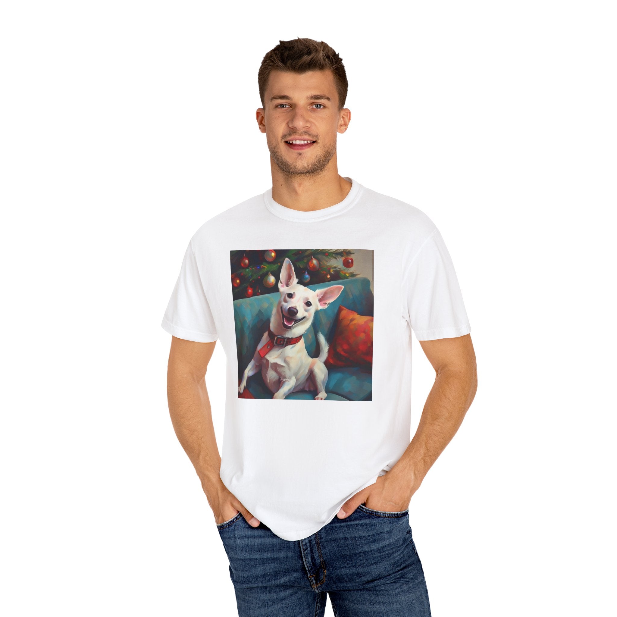 White Corgi Holiday II Unisex Garment-Dyed T-shirt
