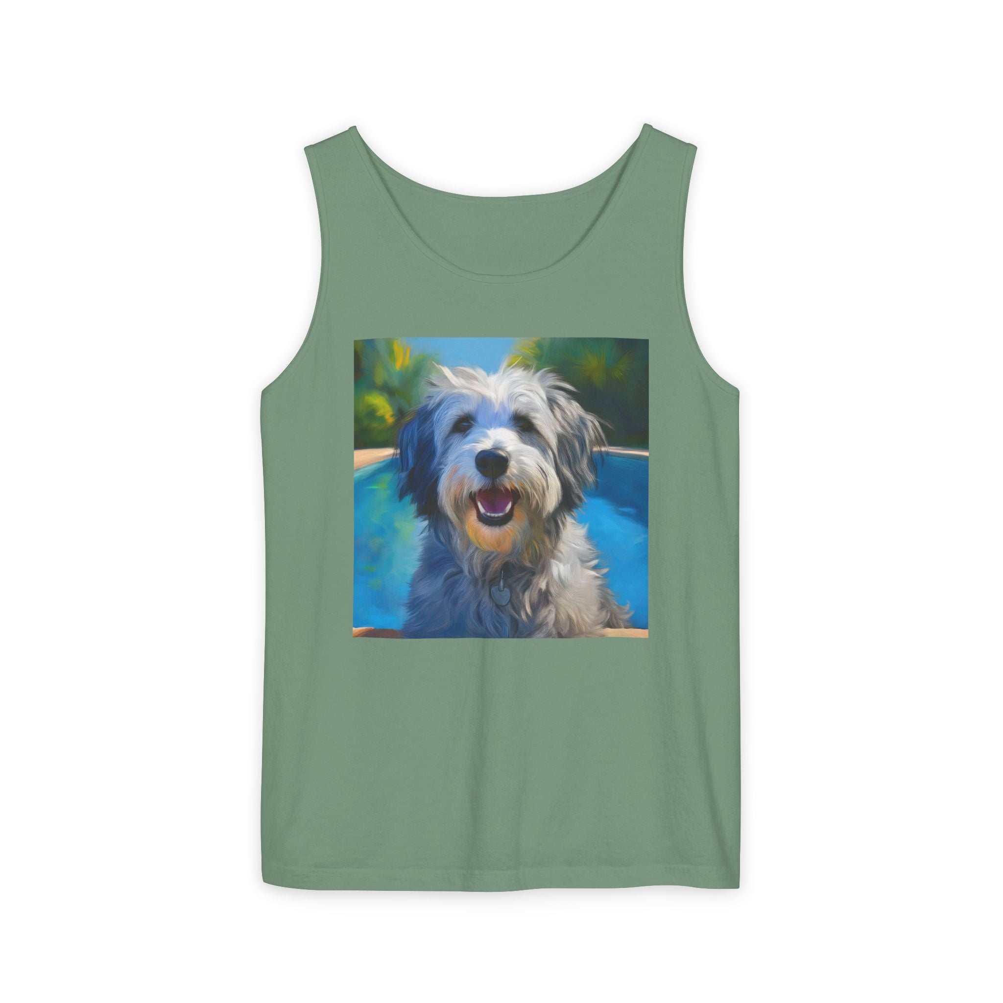 Grey Shaggy Dog Poolside Unisex Tank Top