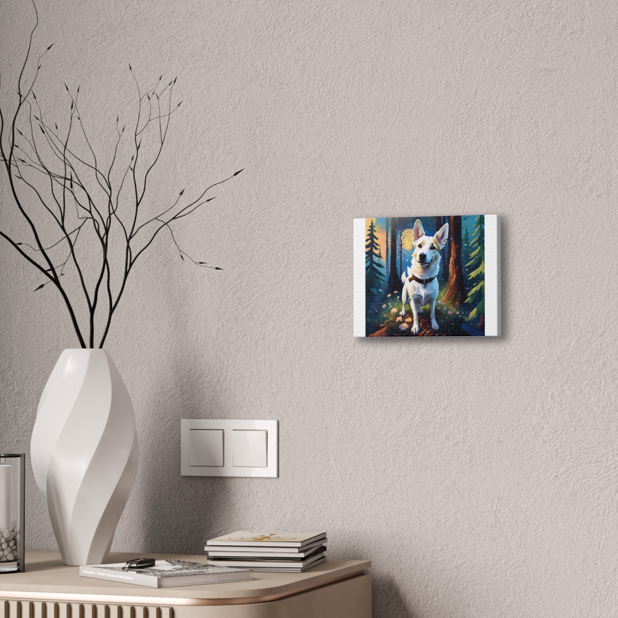 White/Tan Dog Forest Walk Cavas Painting