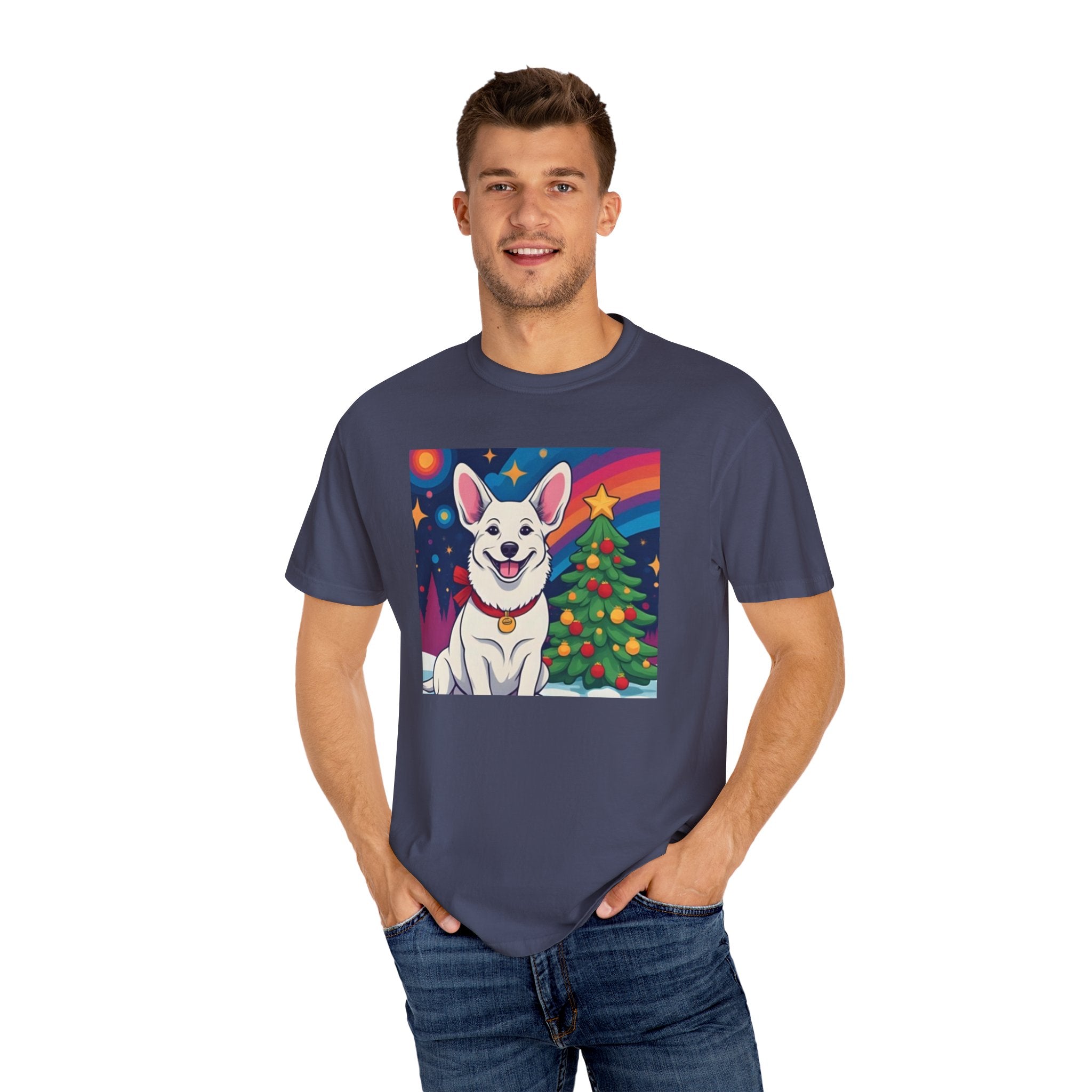 White Corgi Holiday Unisex Garment-Dyed T-shirt