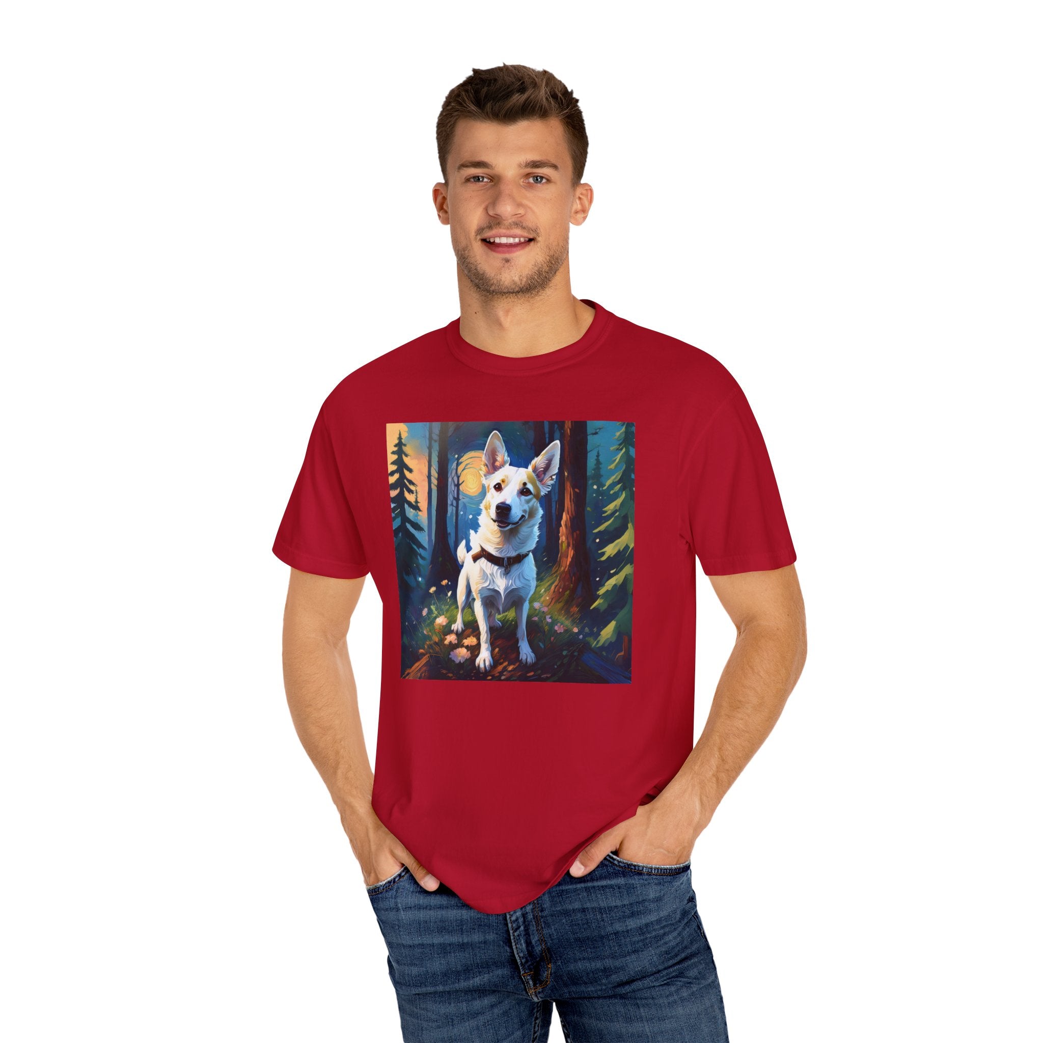 White/Tan Dog Forest Walk Unisex Garment-Dyed T-shirt