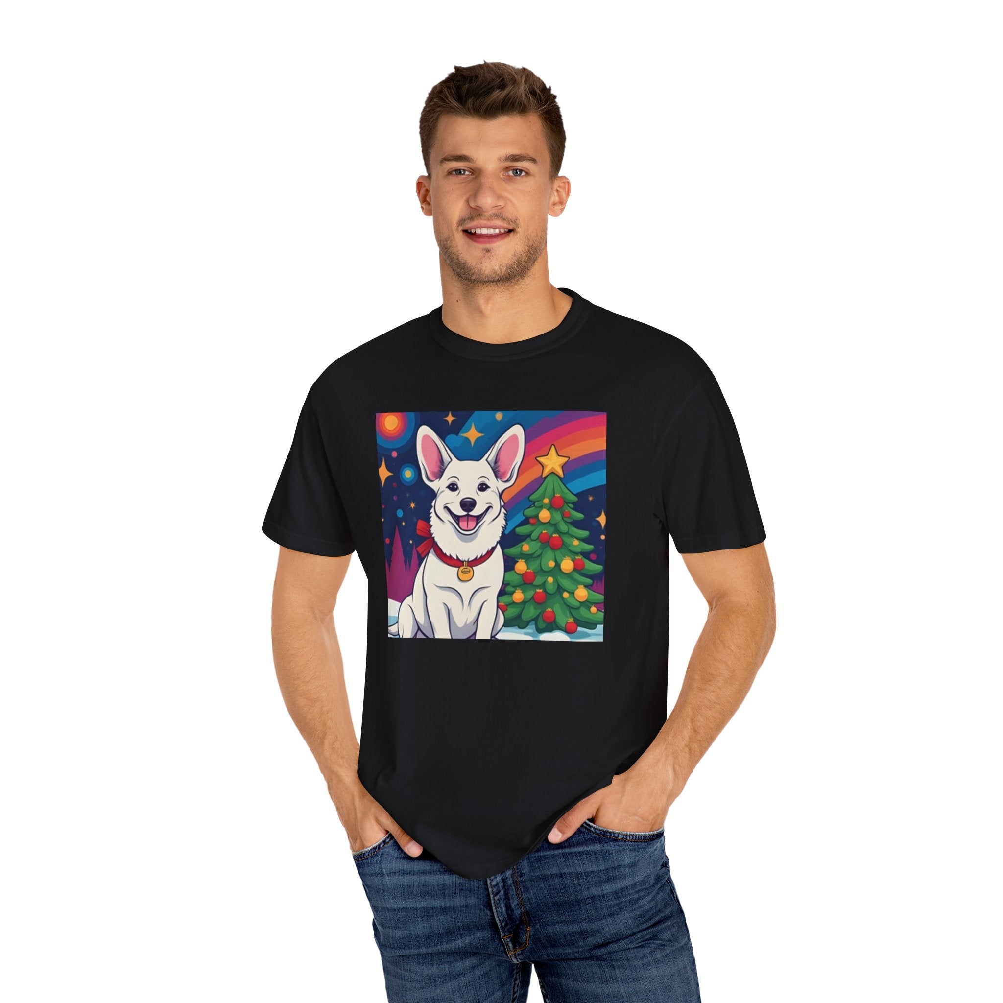 White Corgi Holiday Unisex Garment-Dyed T-shirt