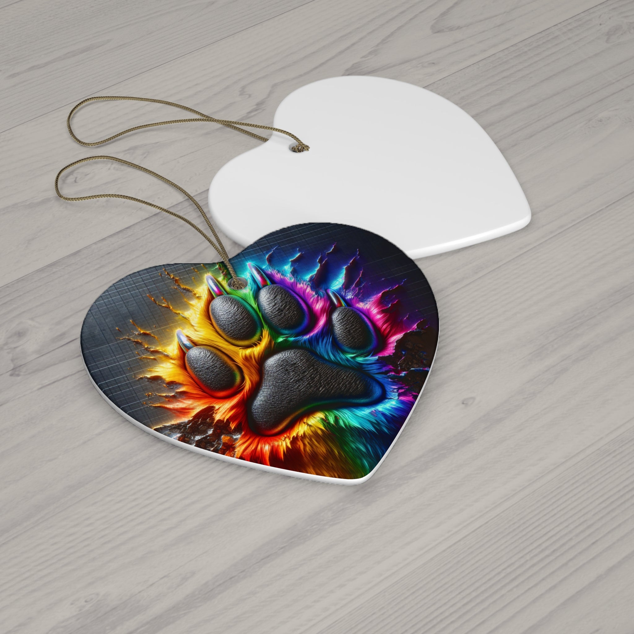 Electric Rainbow Dog Paw Ceramic Ornament