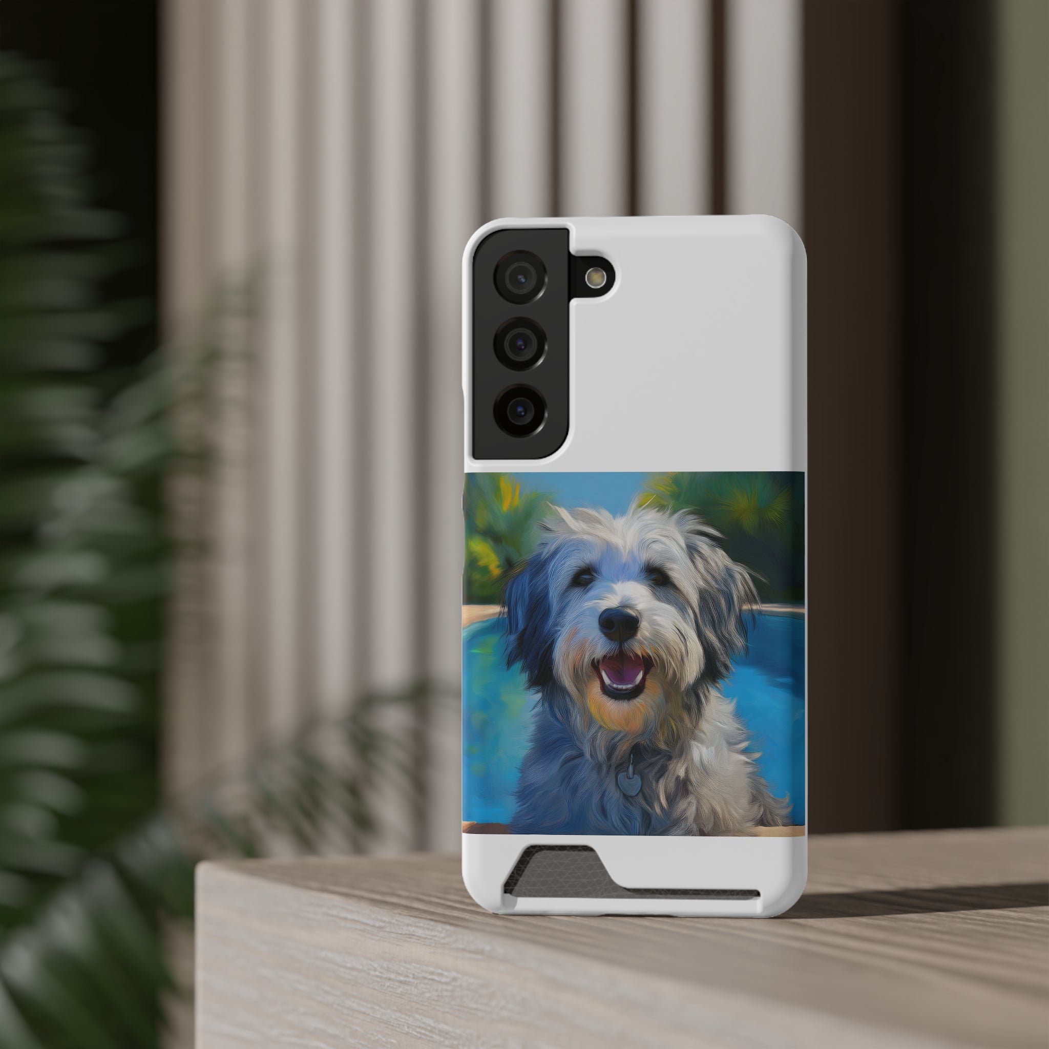 Grey Shaggy Dog Poolside Phone Case with Card Holder