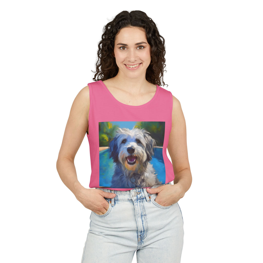 Grey Shaggy Dog Poolside Unisex Tank Top