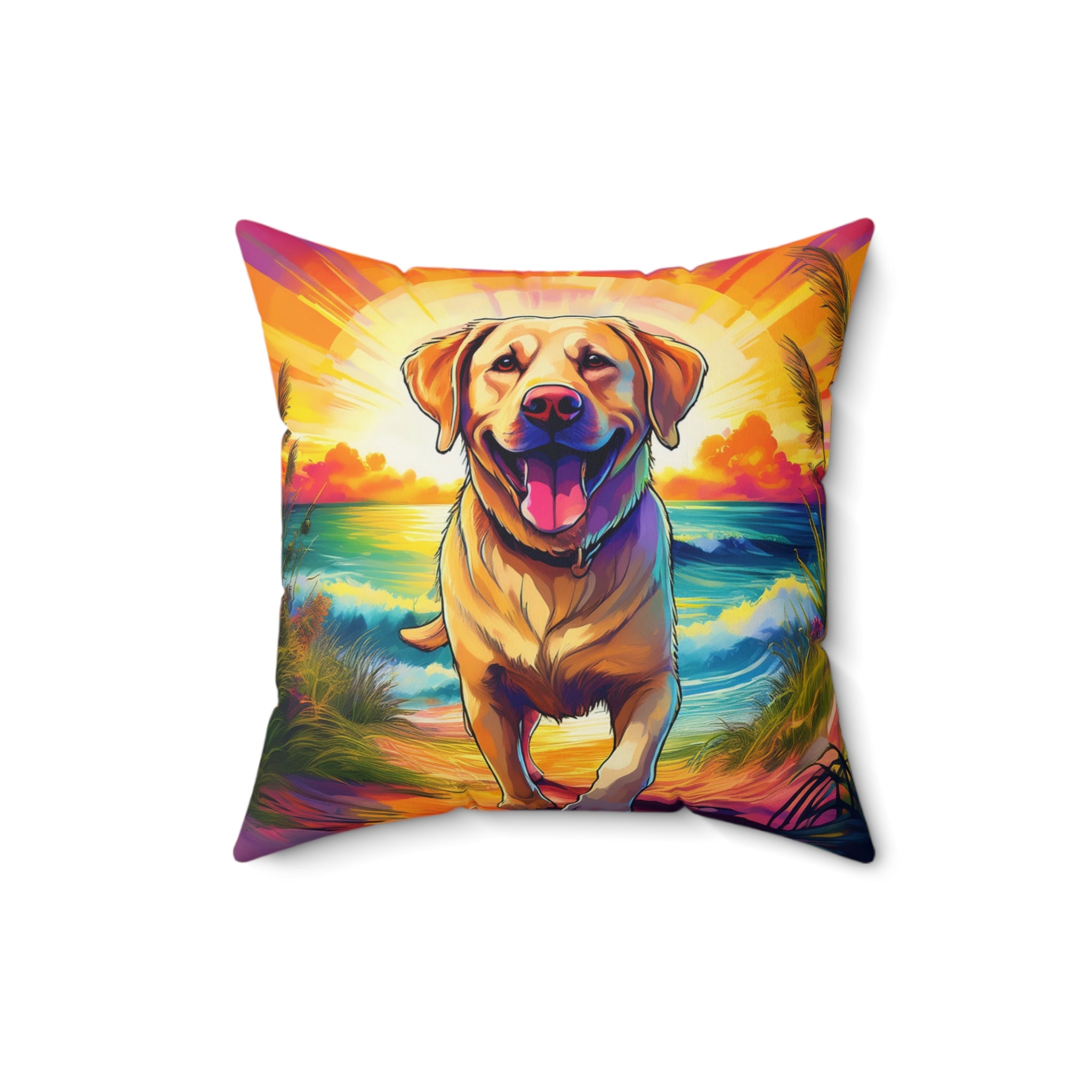 Yellow Lab Sunset Beach Polyester Square Pillow