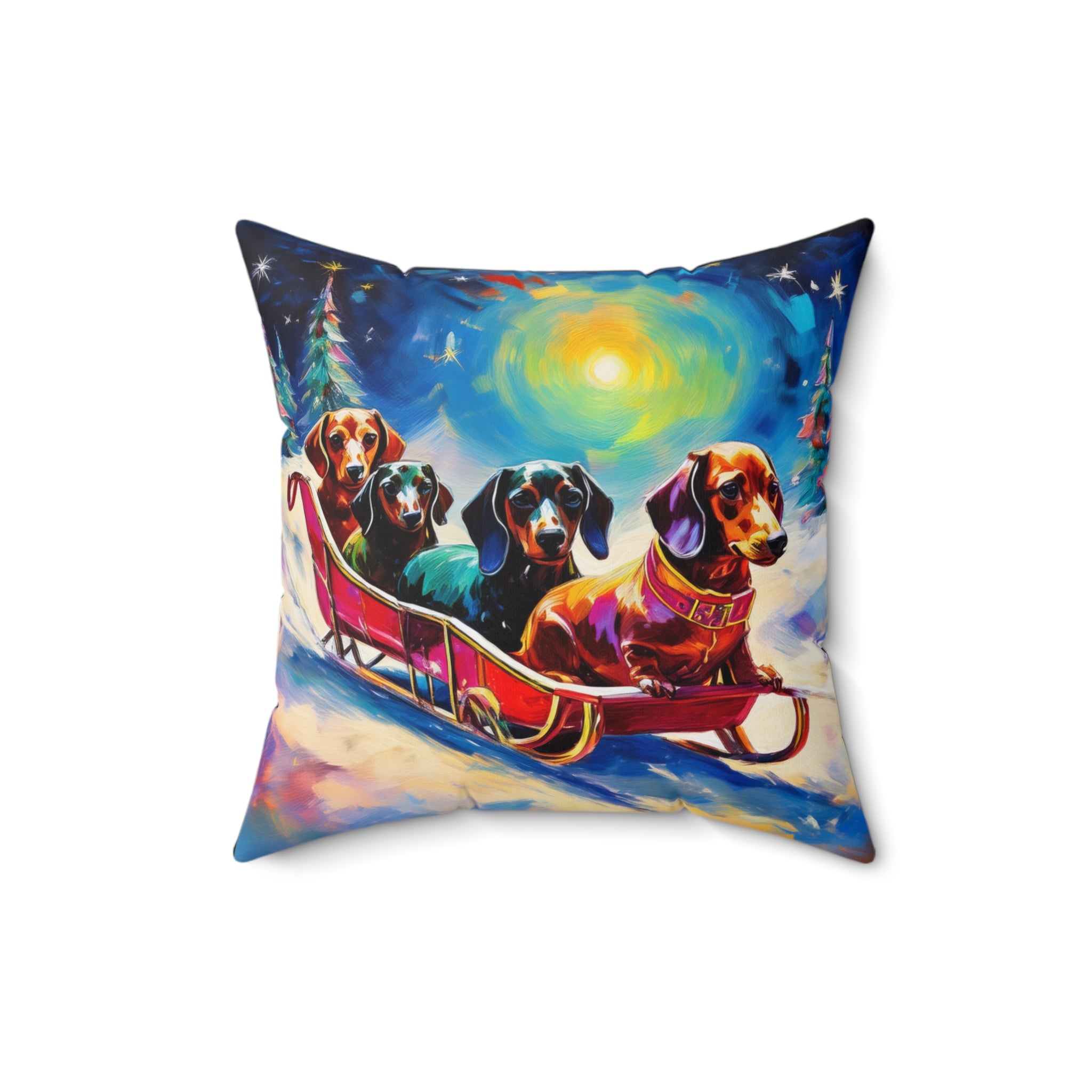 Dachshund Night Sleighride Polyester Square Pillow