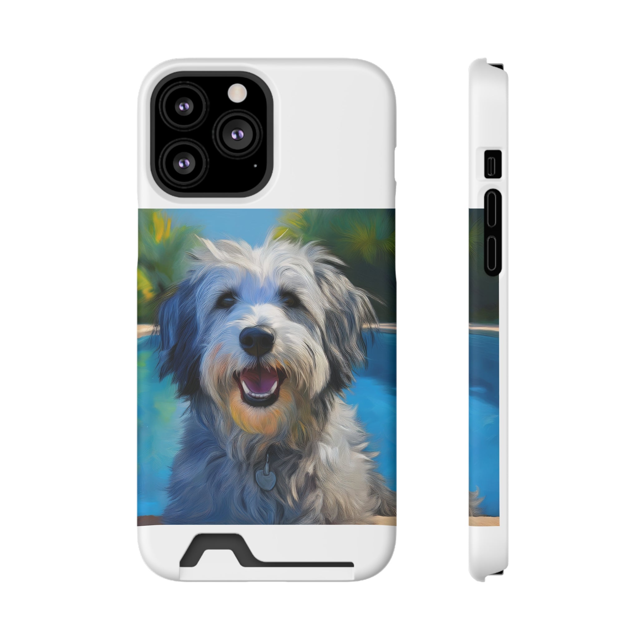 Grey Shaggy Dog Poolside Phone Case with Card Holder