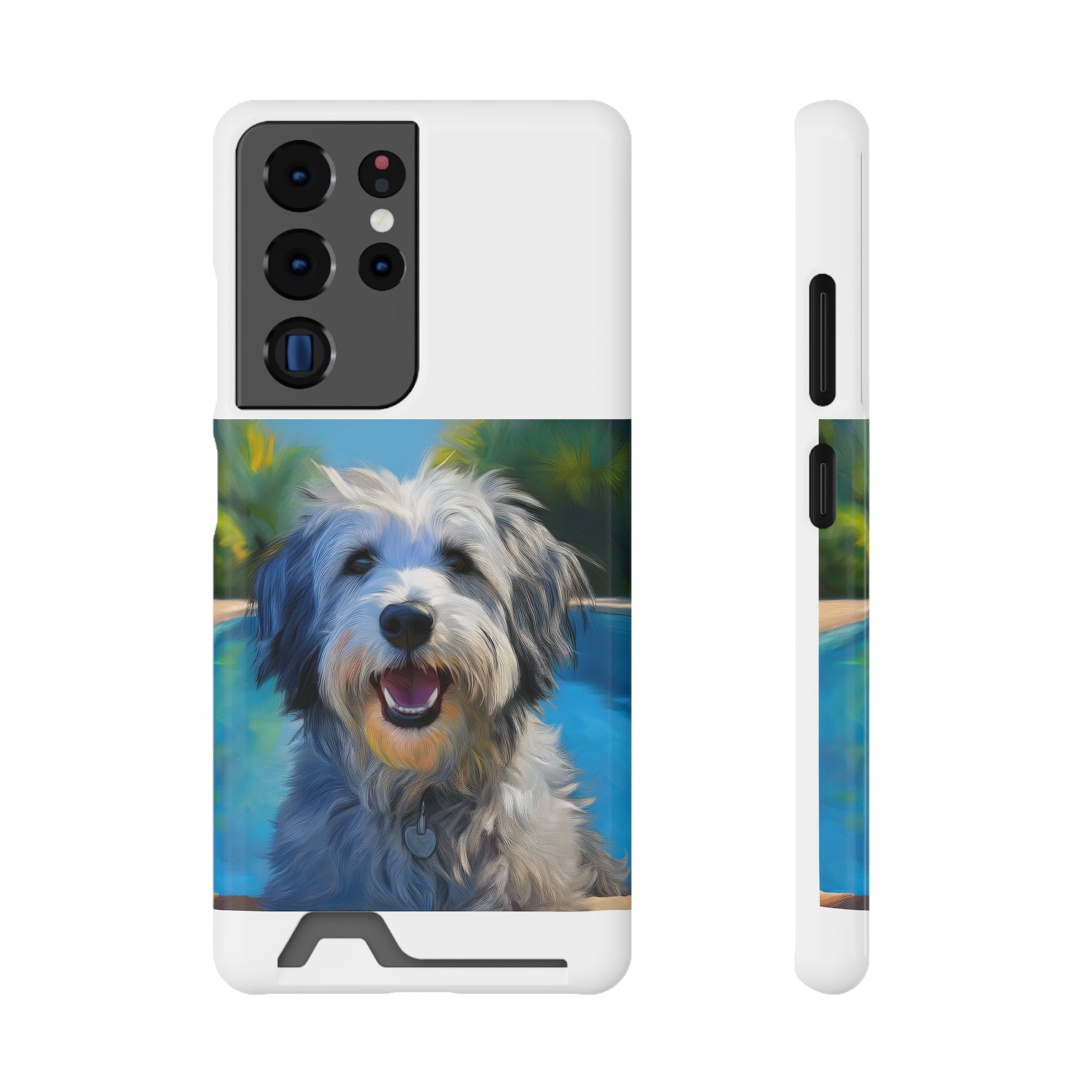 Grey Shaggy Dog Poolside Phone Case with Card Holder