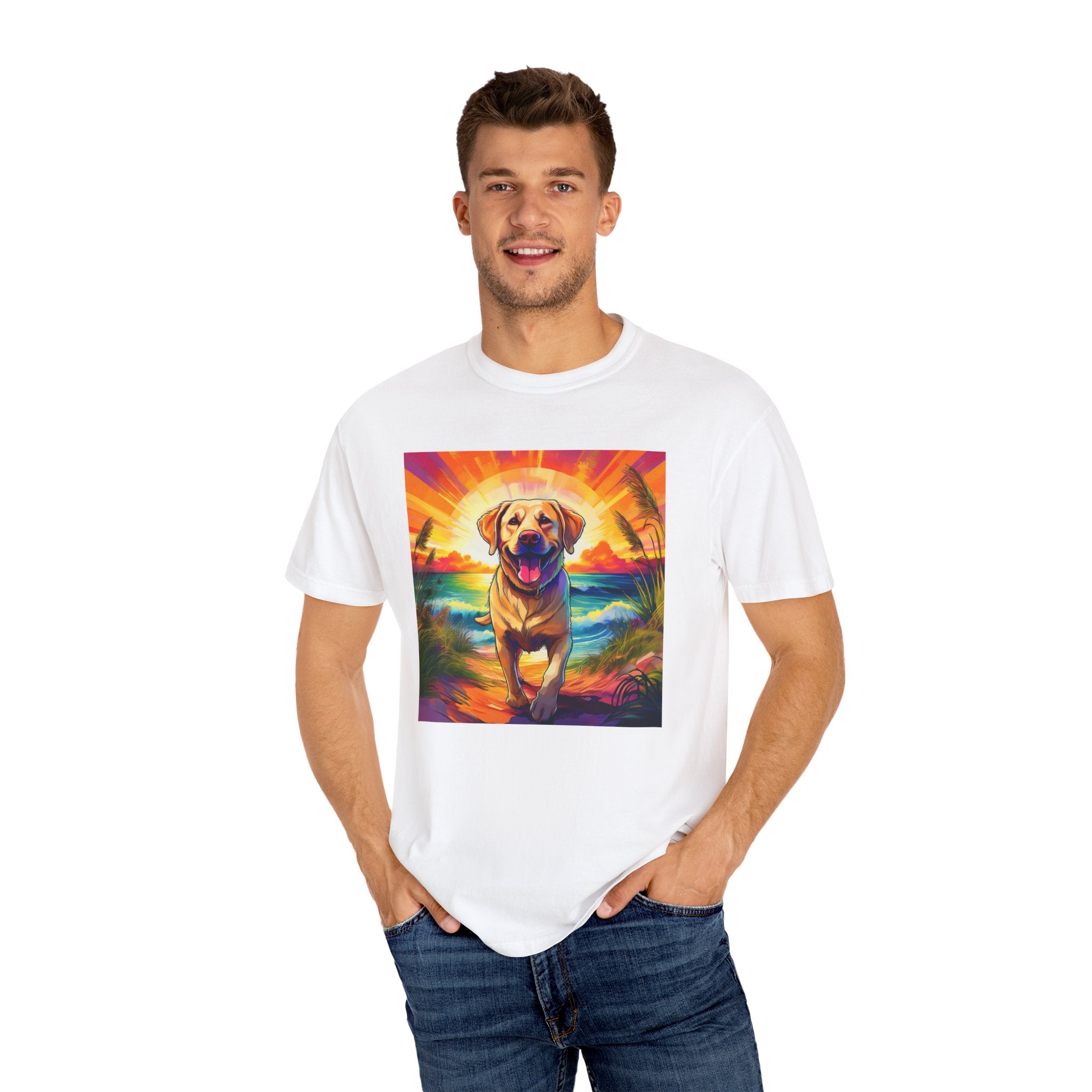 Yellow Lab Sunset Beach Unisex Garment-Dyed T-shirt