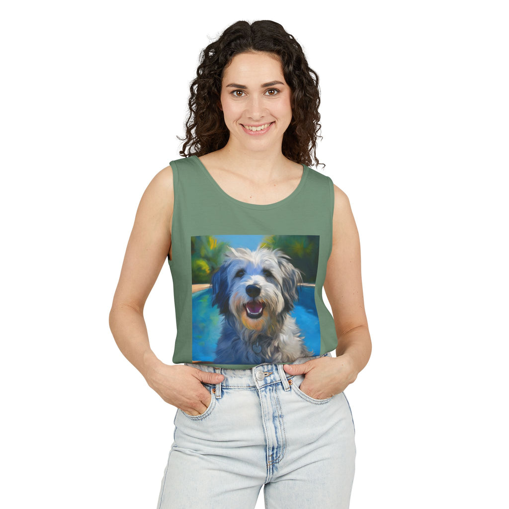 Grey Shaggy Dog Poolside Unisex Tank Top