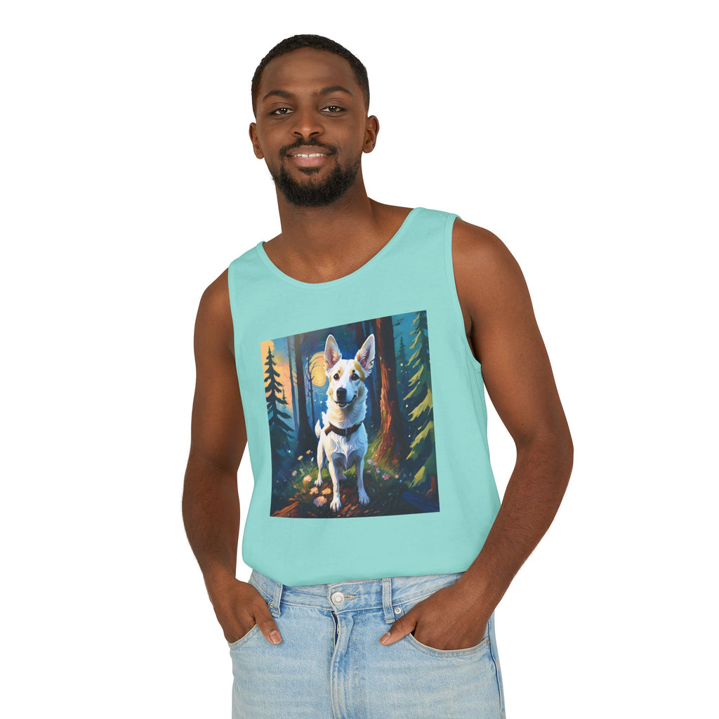 White/Tan Dog Forest Walk Unisex Tank Top