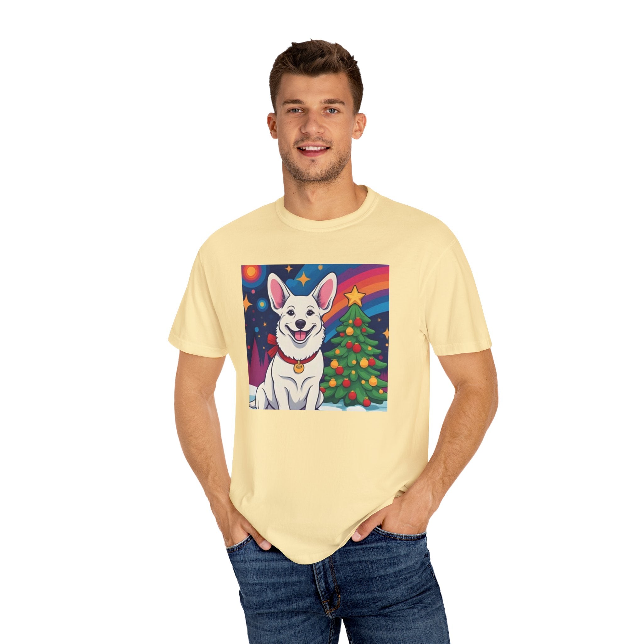 White Corgi Holiday Unisex Garment-Dyed T-shirt