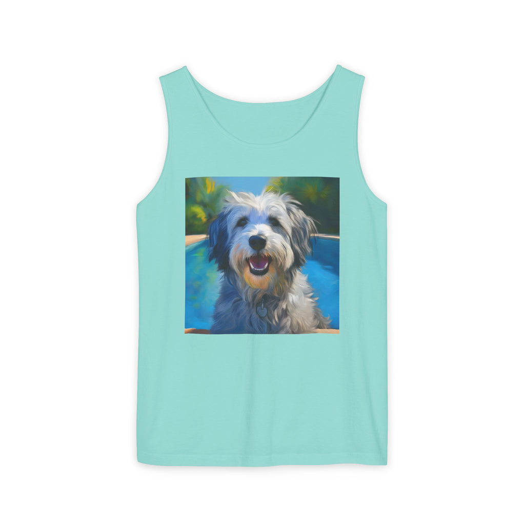 Grey Shaggy Dog Poolside Unisex Tank Top