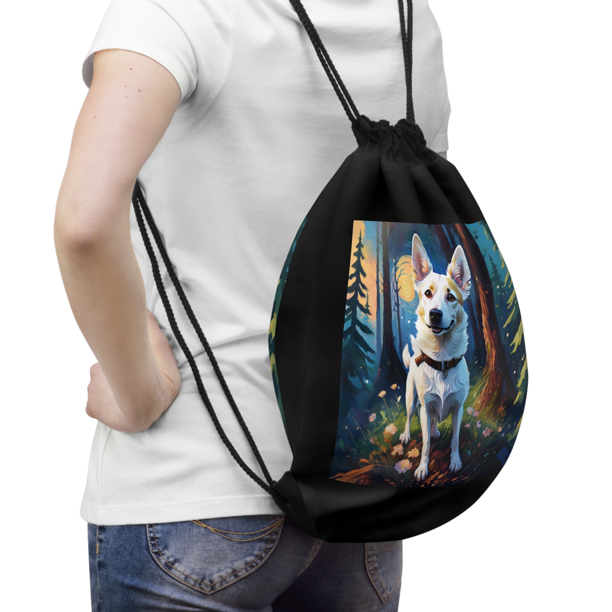 White/Tan Dog Forest Walk Drawstring Bag
