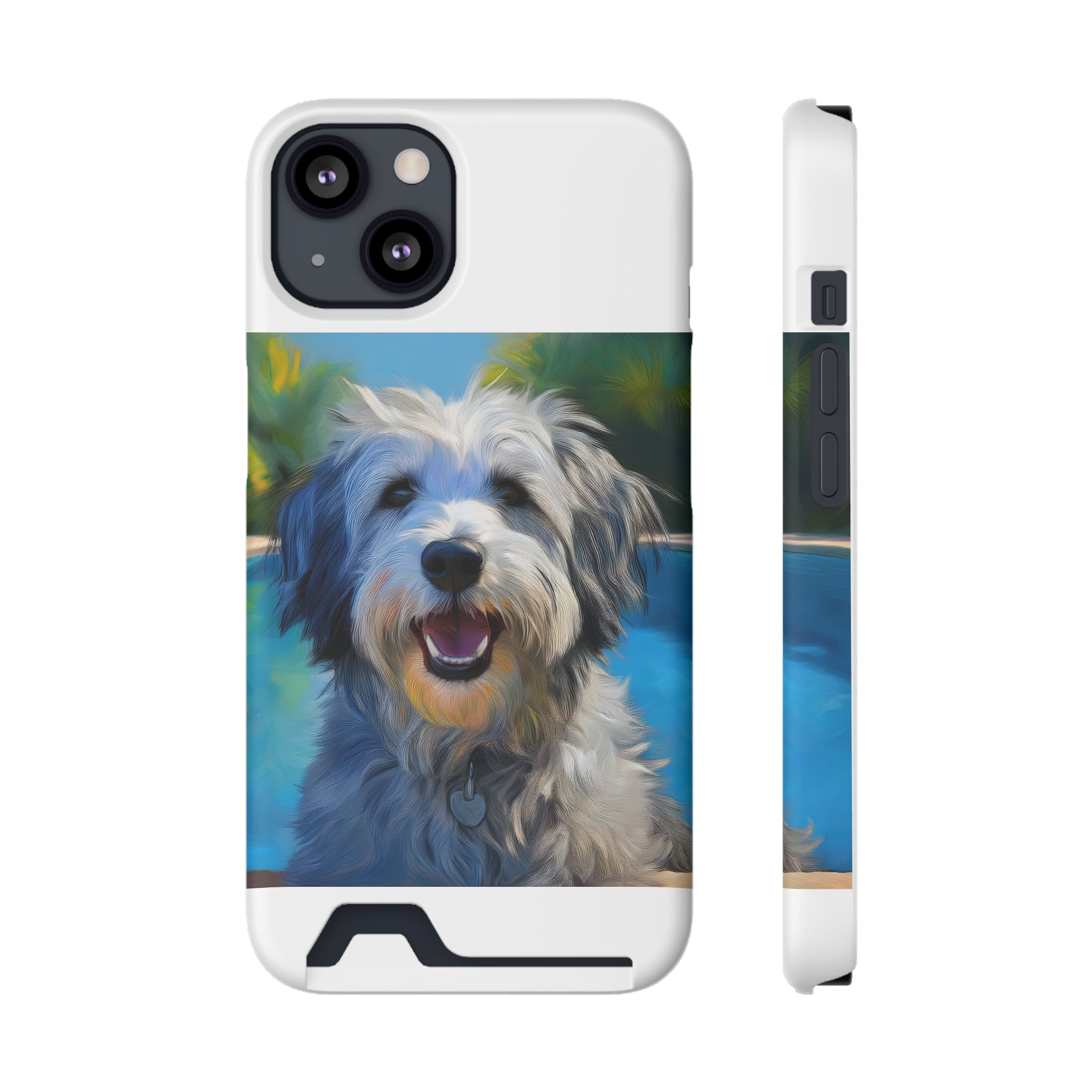 Grey Shaggy Dog Poolside Phone Case with Card Holder