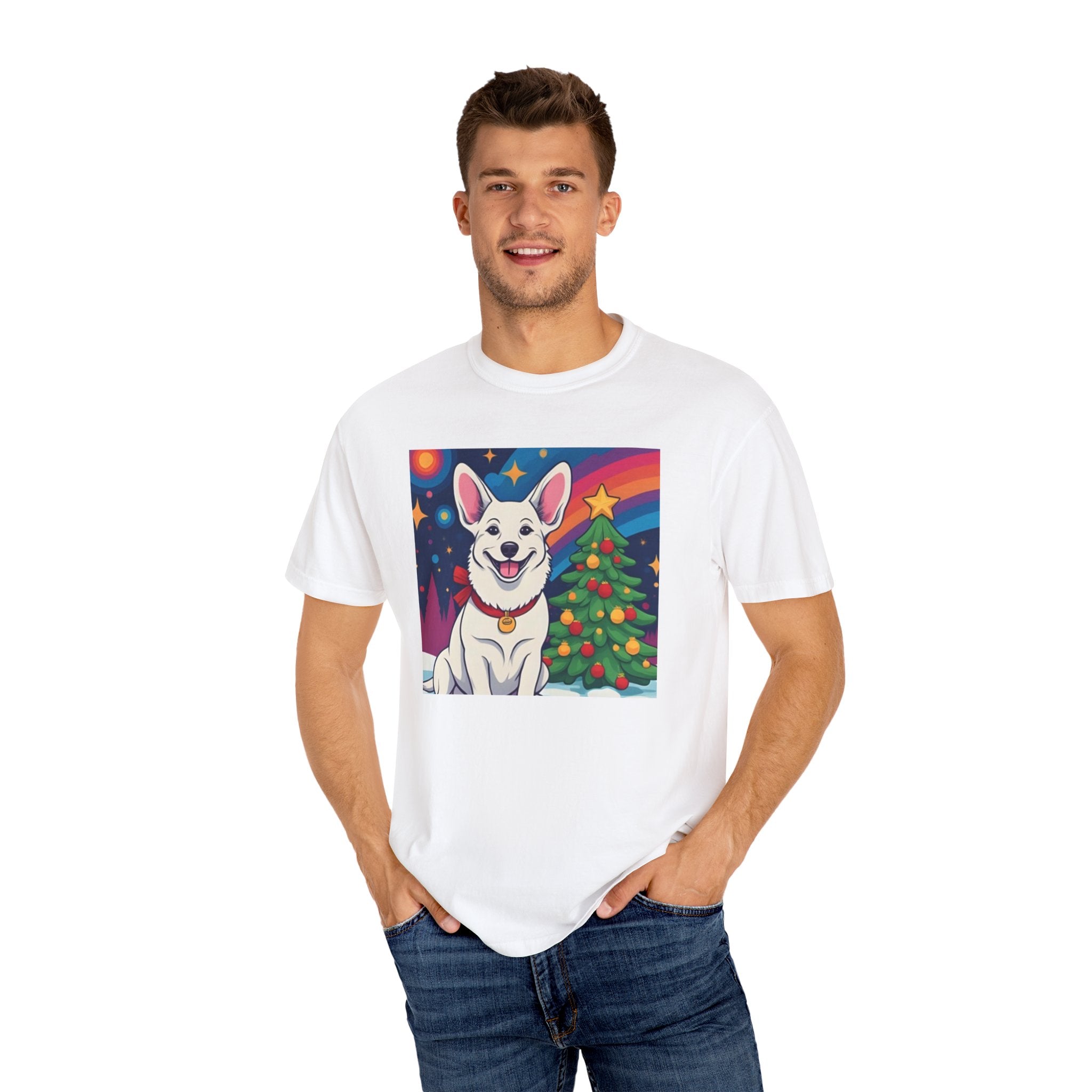 White Corgi Holiday Unisex Garment-Dyed T-shirt