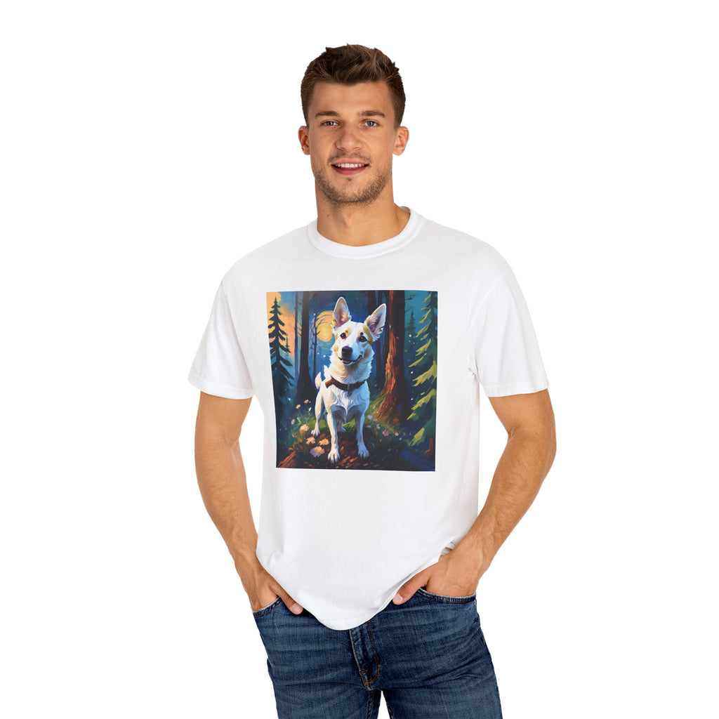 White/Tan Dog Forest Walk Unisex Garment-Dyed T-shirt