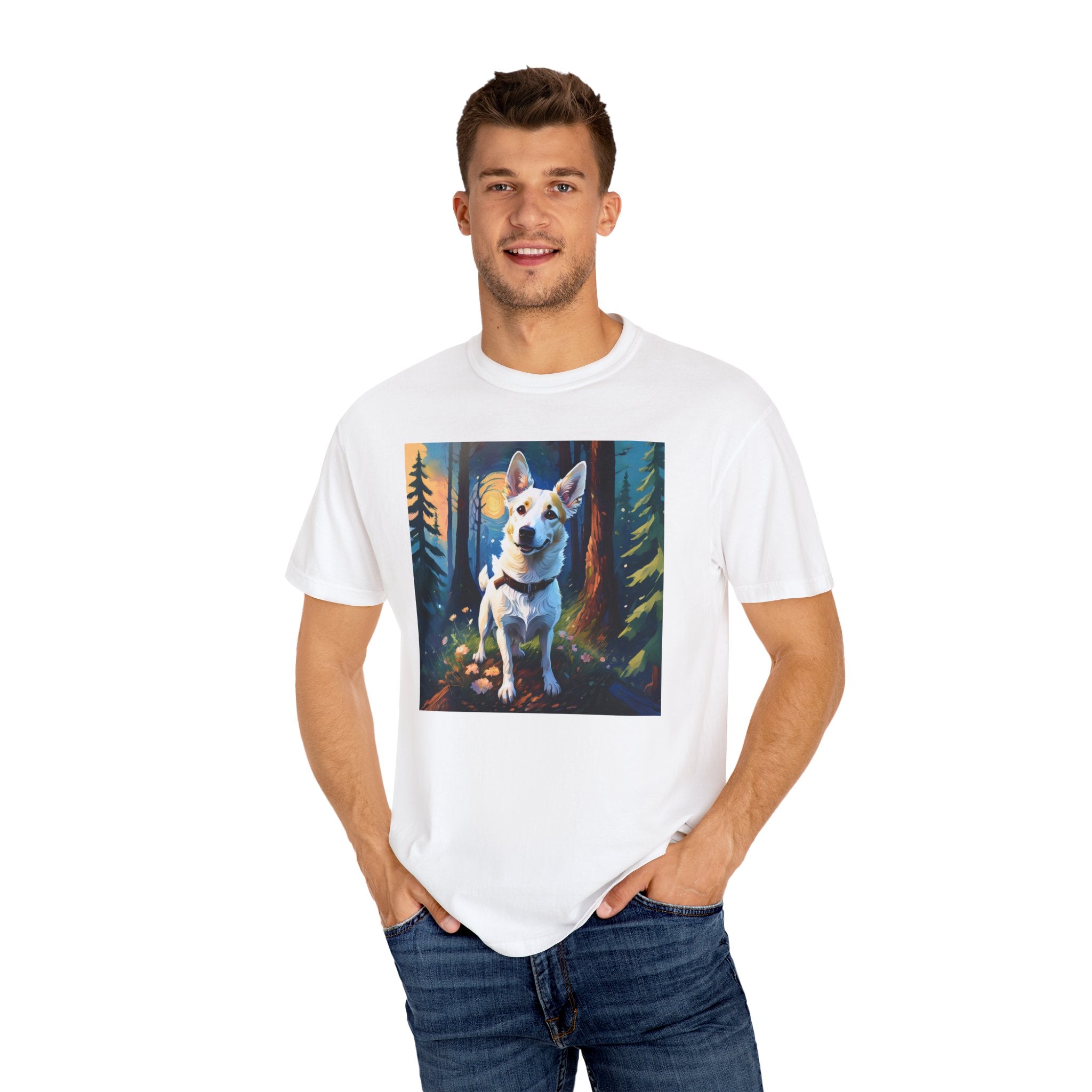 White/Tan Dog Forest Walk Unisex Garment-Dyed T-shirt