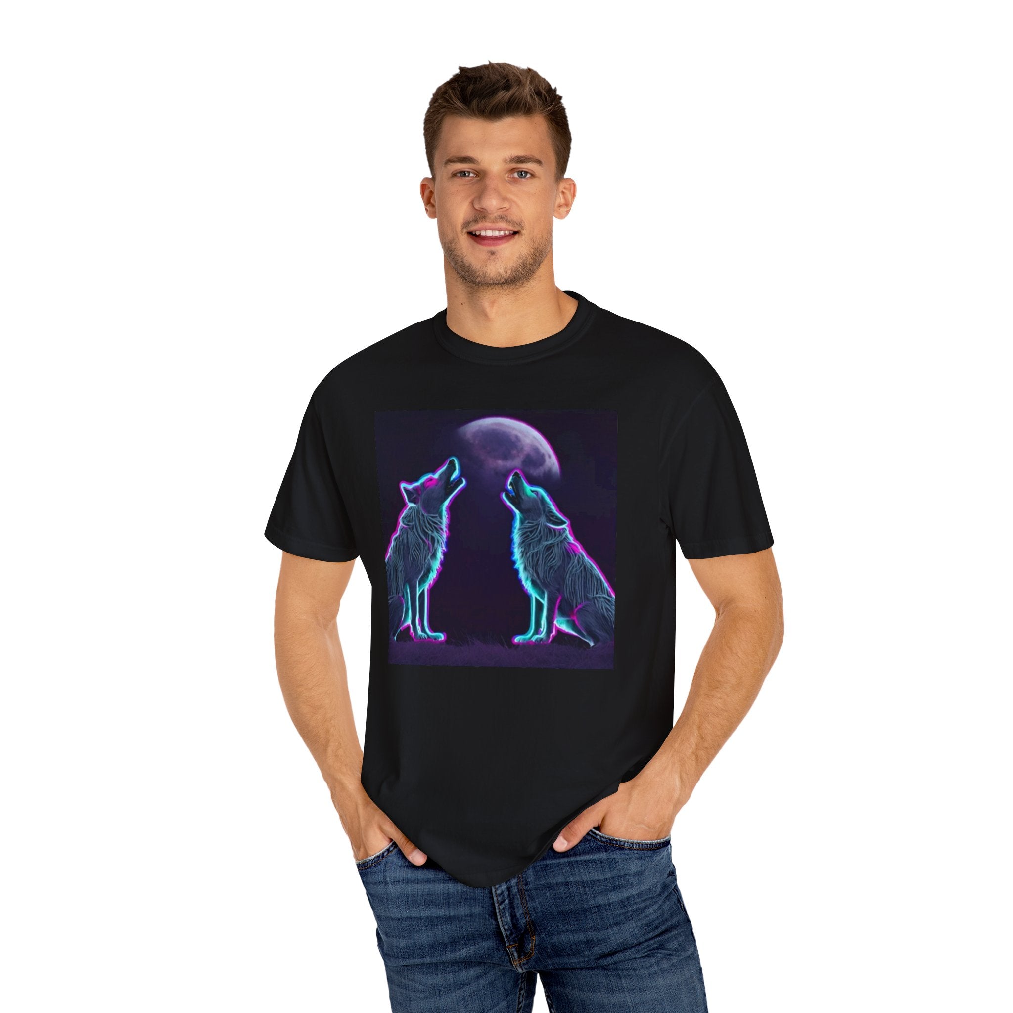 Neon Wolves Howling Unisex Garment-Dyed T-shirt