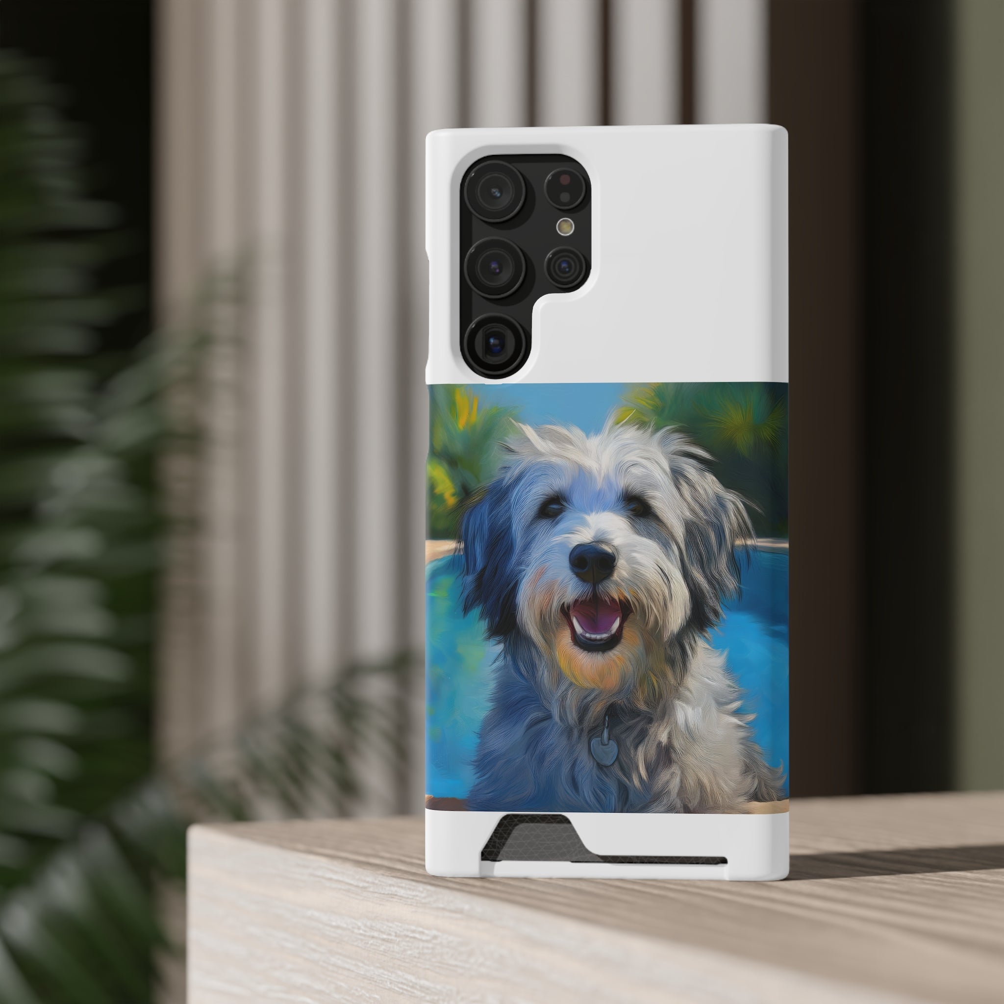 Grey Shaggy Dog Poolside Phone Case with Card Holder